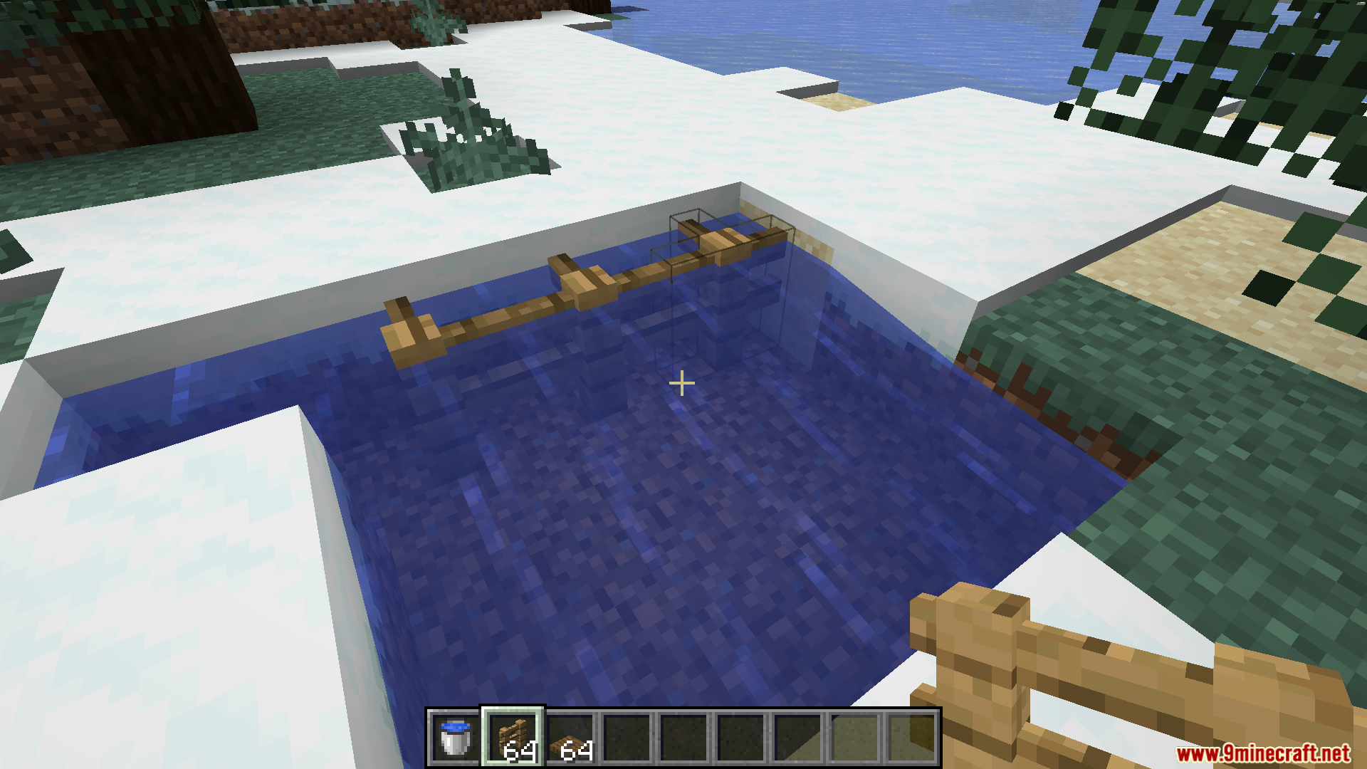 A line of wooden fences placed inside a pool