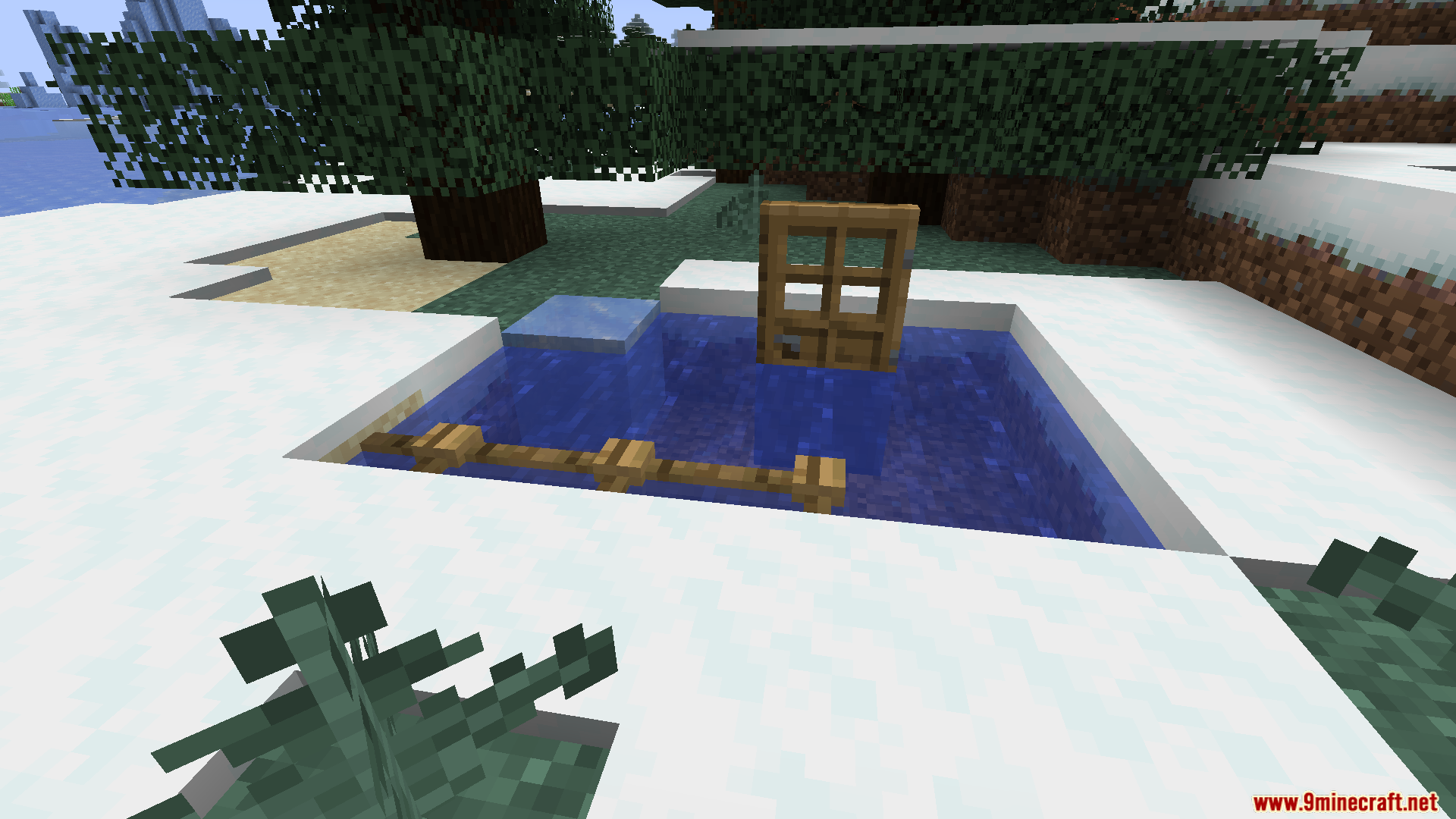 A wooden door and fences are filled with water