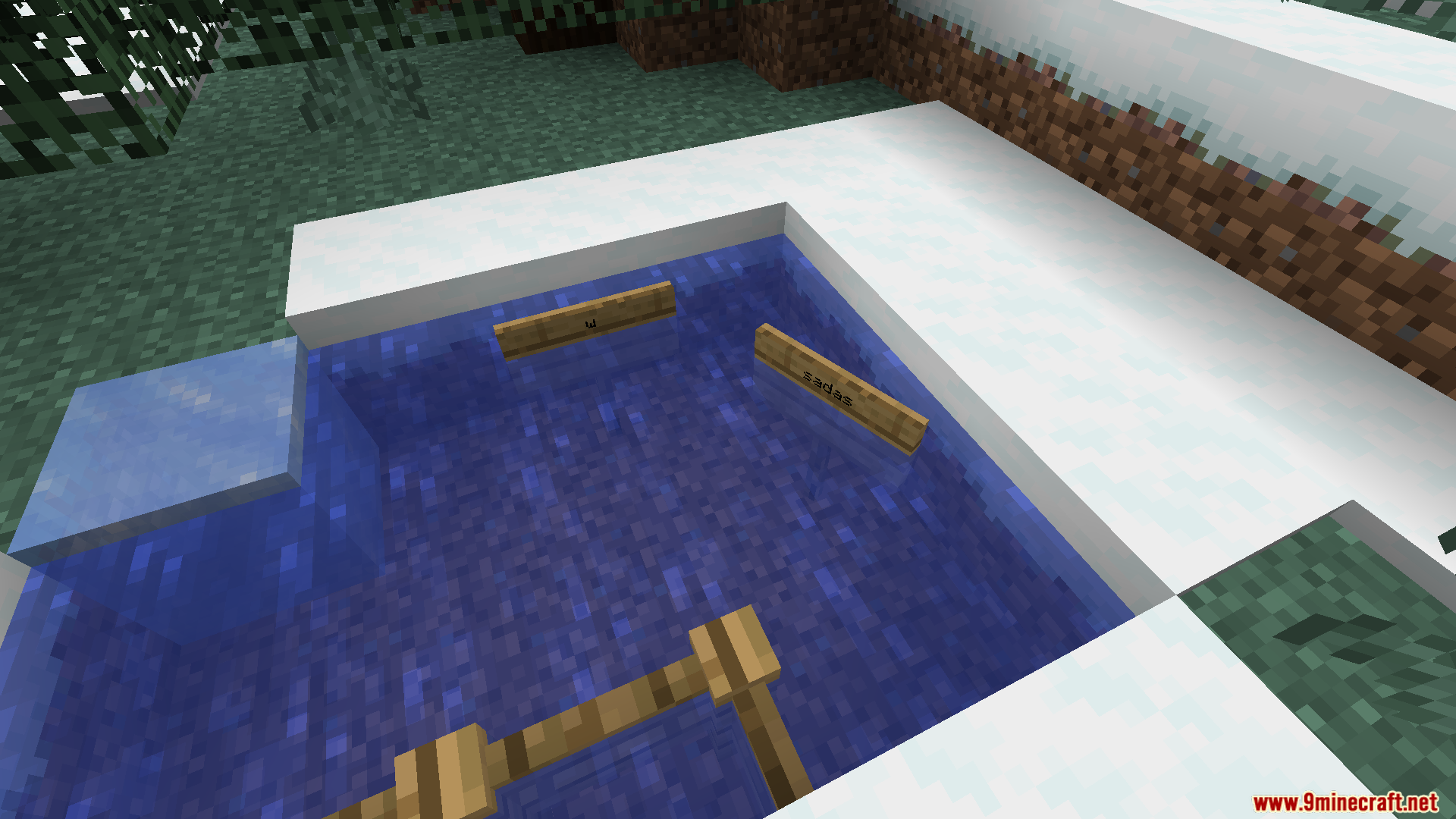 Wooden signs and a fence submerged in a pool of water