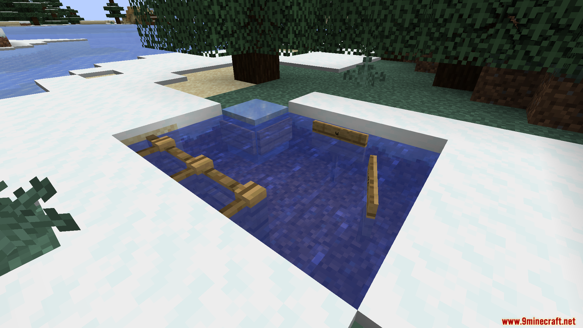 A small pool in a snowy biome with waterlogged items