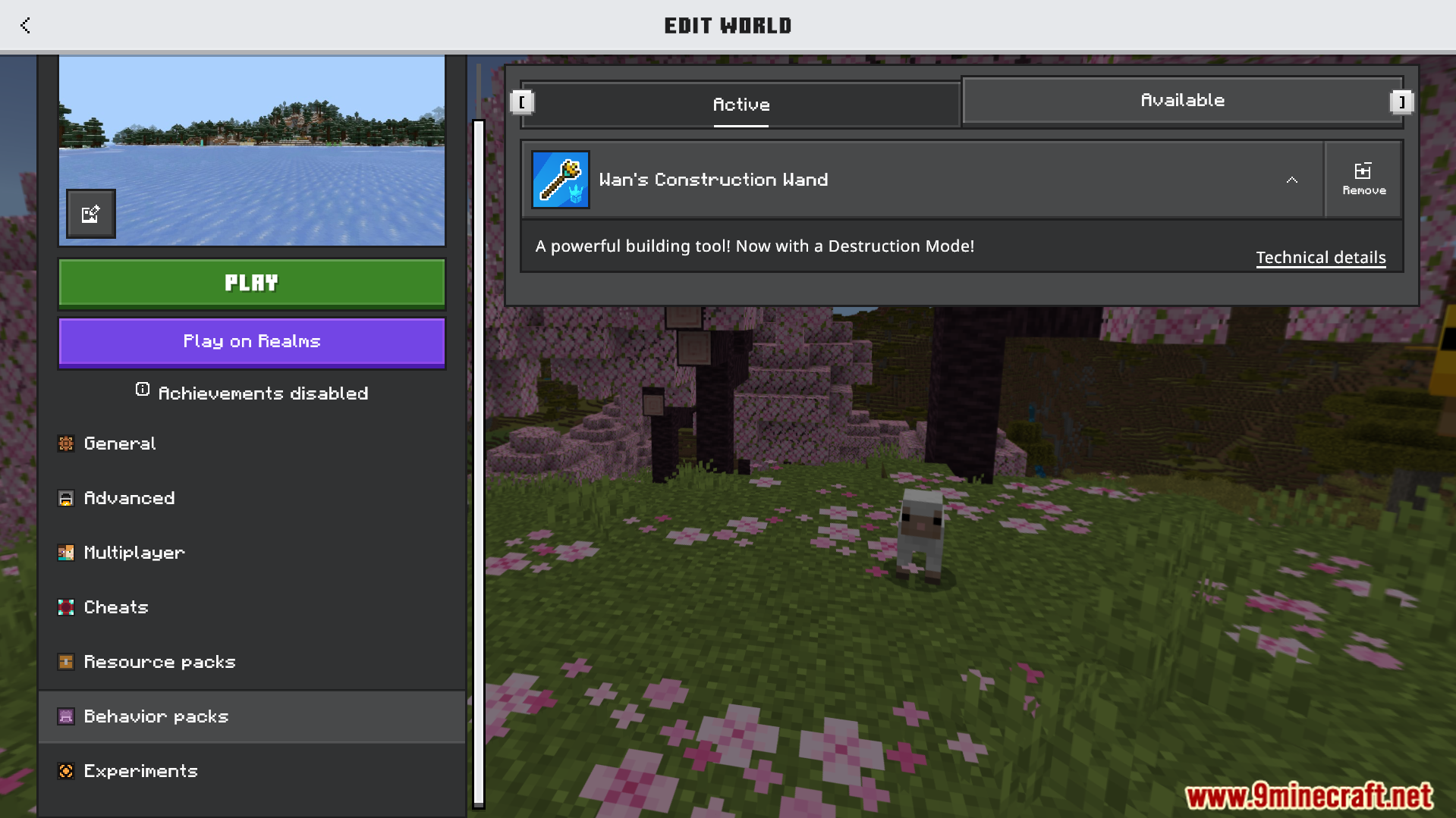 A player is viewing the active behavior packs in the world edit menu