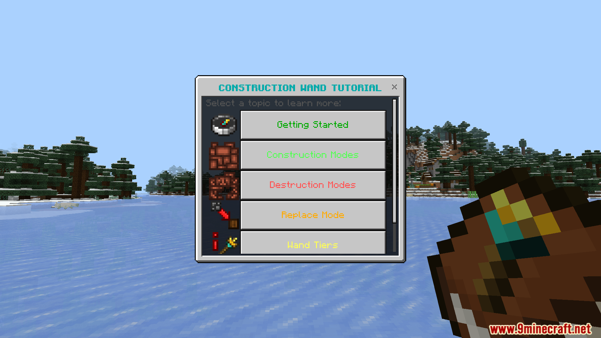 A player is viewing the construction wand tutorial menu in the game