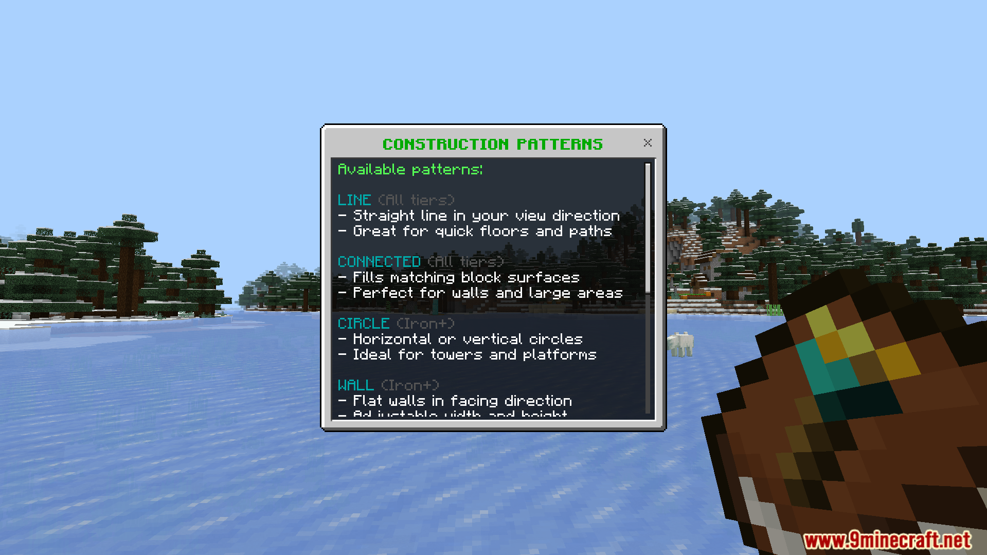 Configuration menu displaying available building patterns for different wand tiers