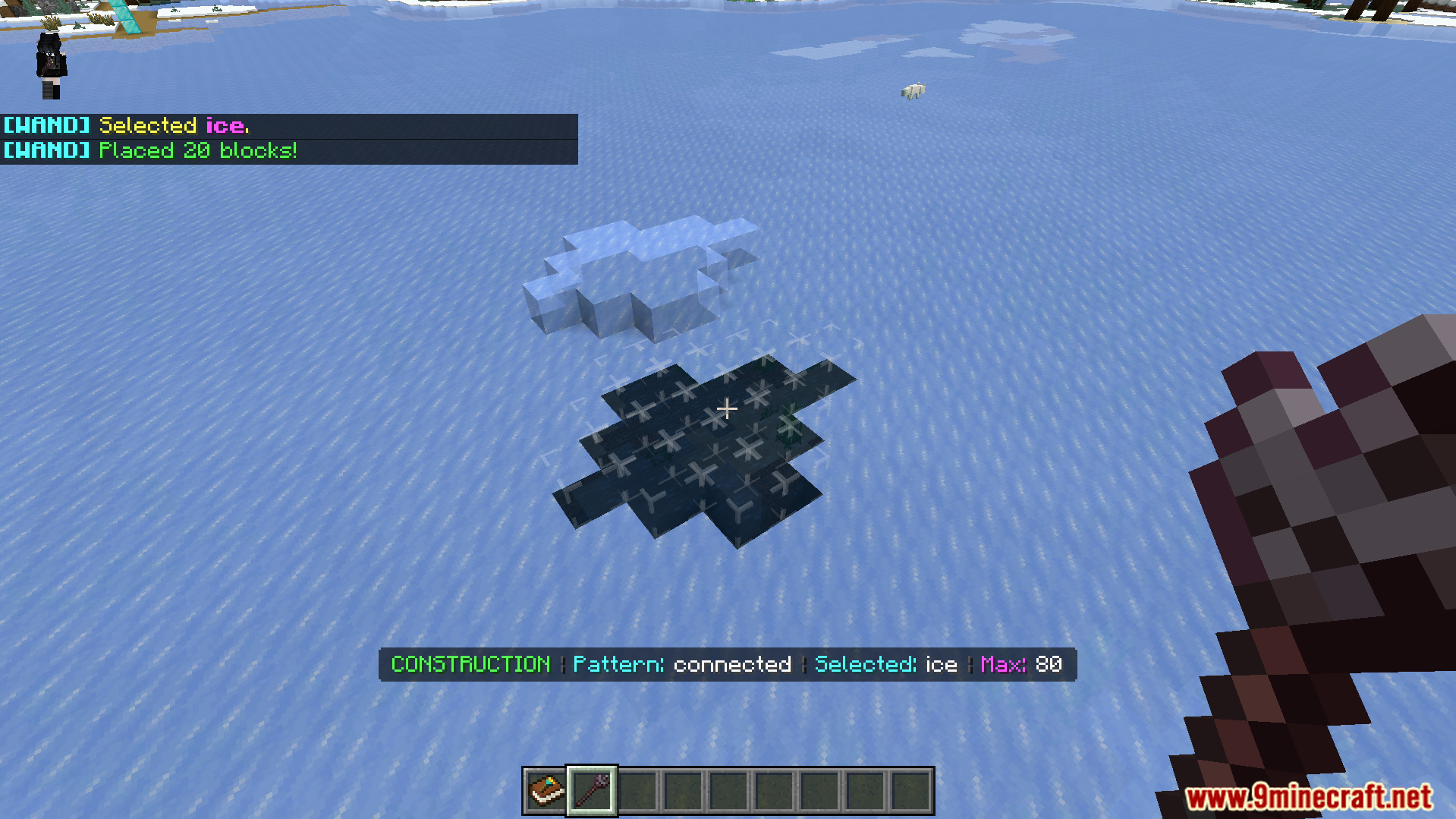 Player using the wand to place multiple ice blocks at once