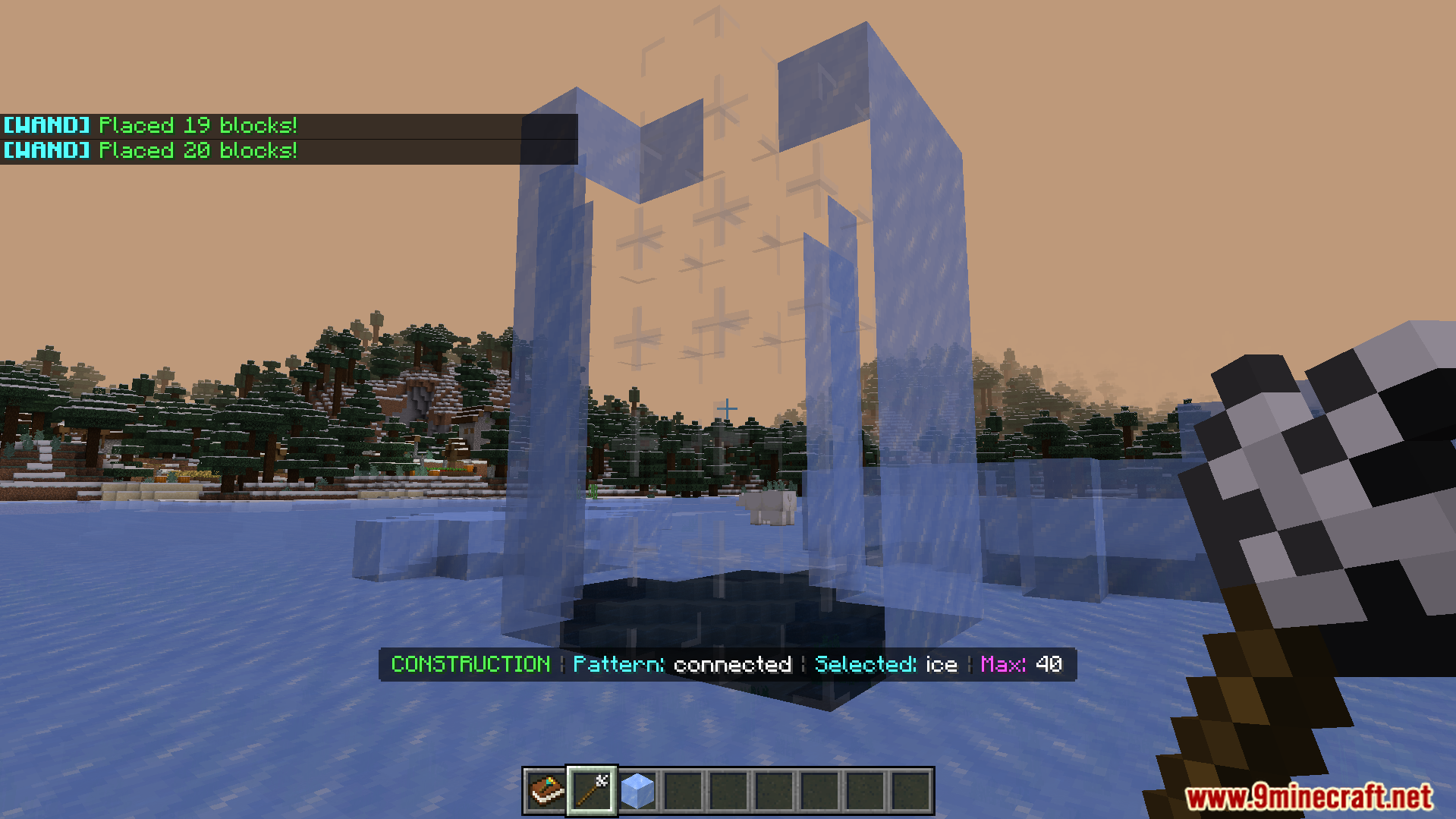 Building a large vertical ice wall with wand tool in construction mode