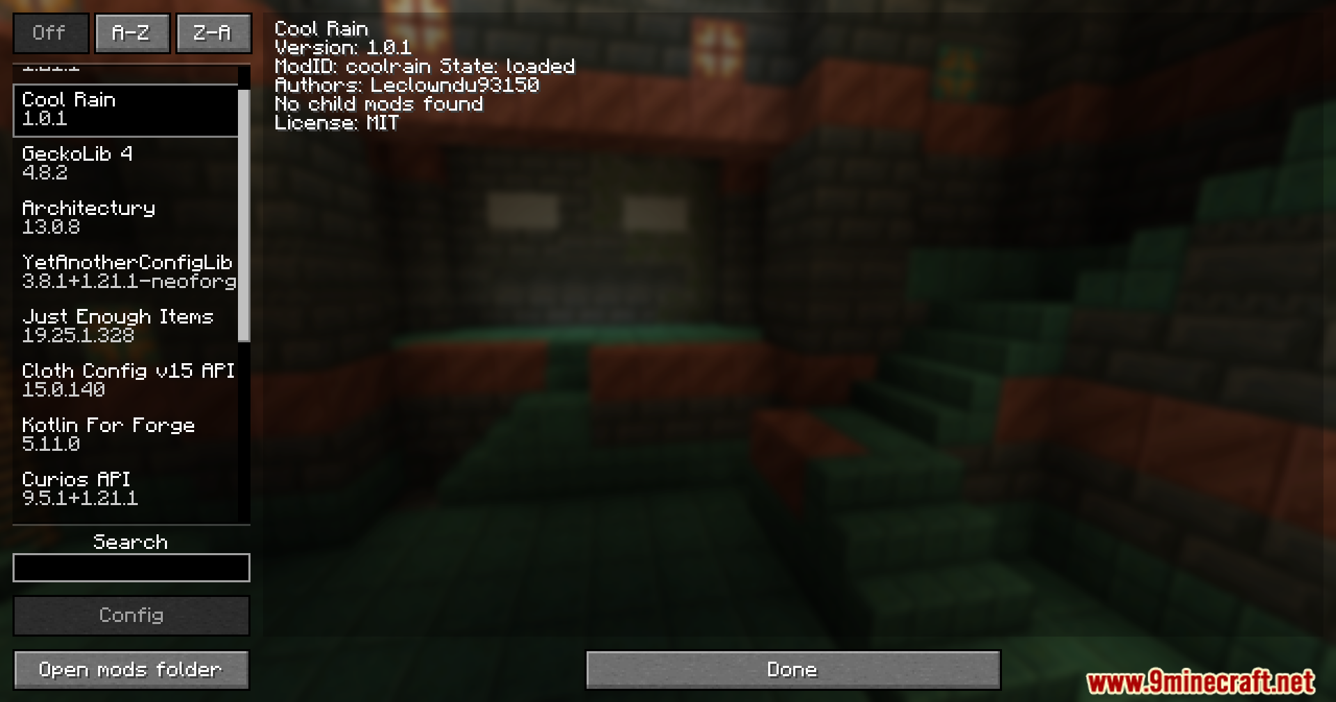 Cool Rain Reforged Mod Screenshot 1 Player viewing the loaded mods list with the Cool Rain modification selected