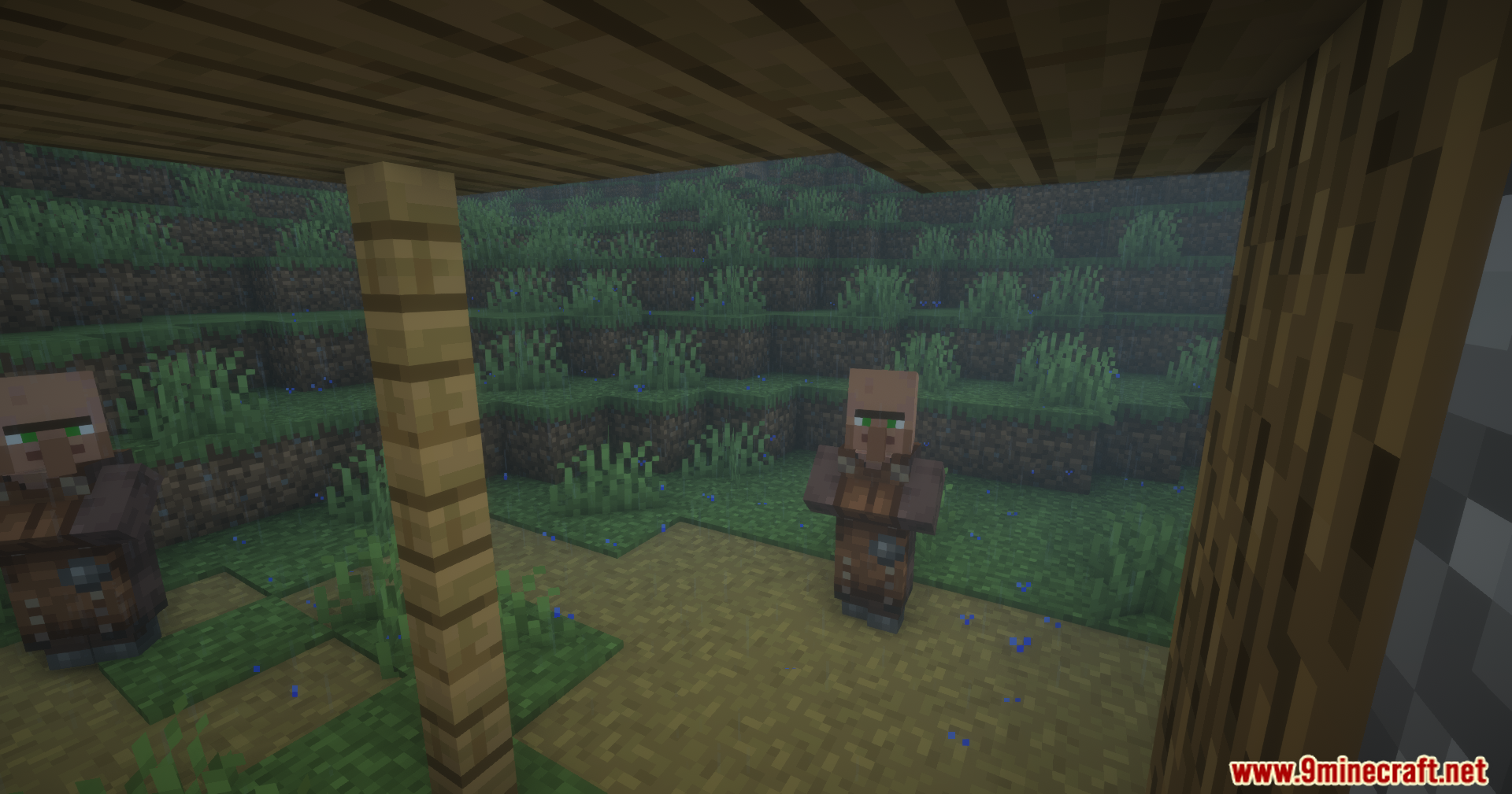 Cool Rain Reforged Mod Screenshot 10 View from under a wooden roof of villagers standing in the rain