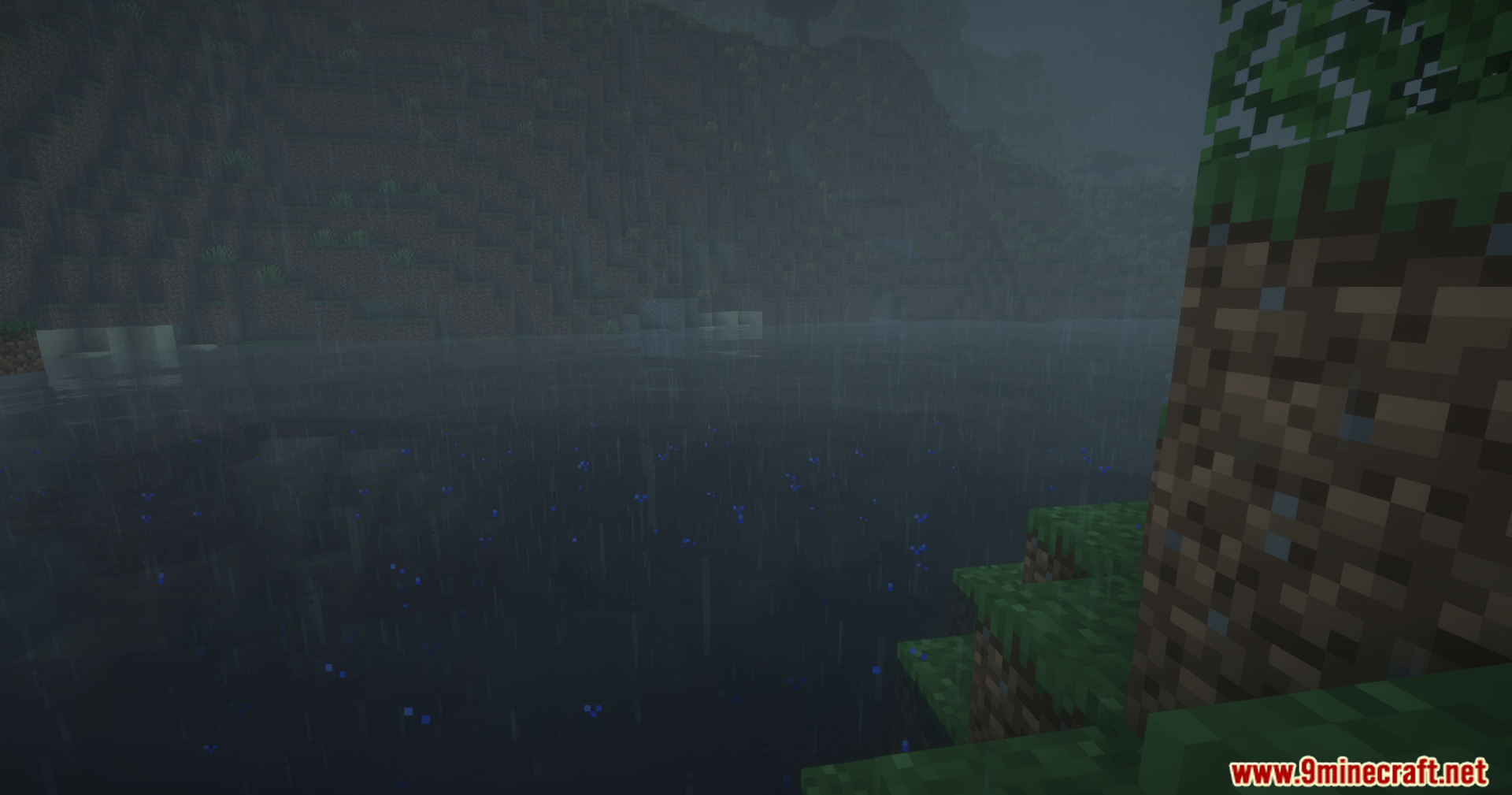 Cool Rain Reforged Mod Screenshot 3 Rain falling into open water creating blue splash particles during a storm