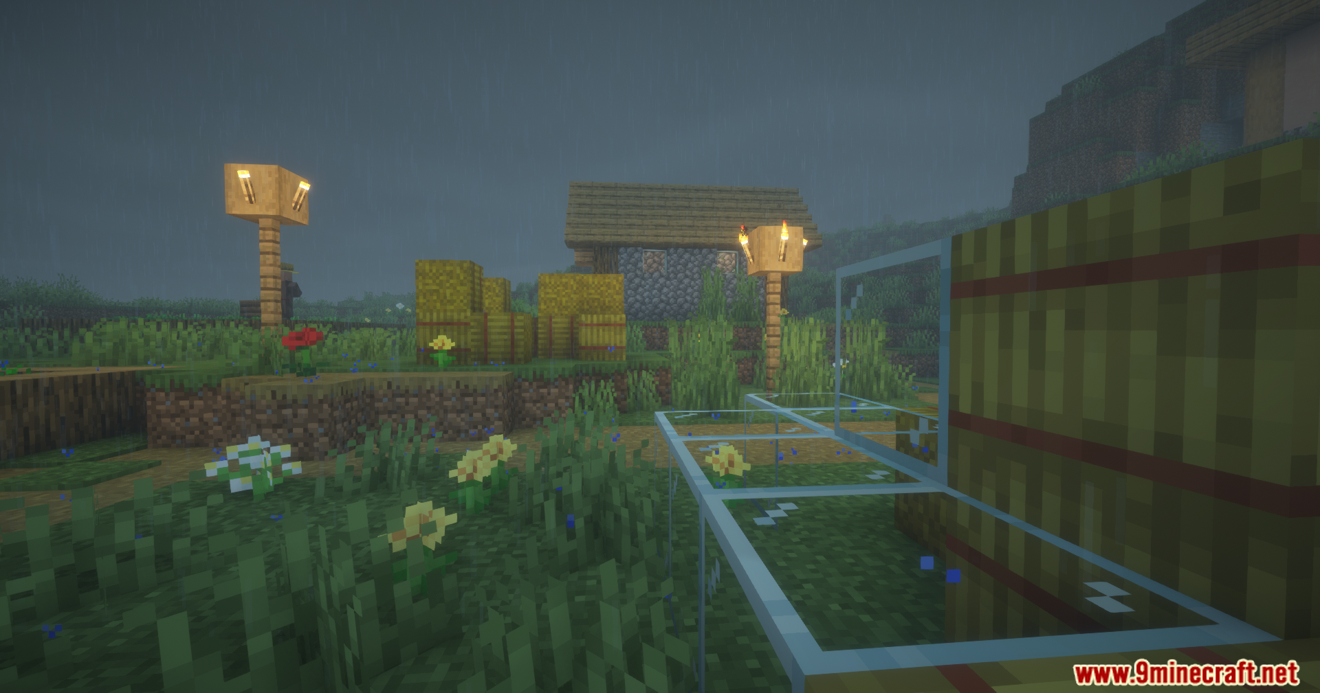 Cool Rain Reforged Mod Screenshot 6 Rainy weather in a village showing glass blocks placed on the grass