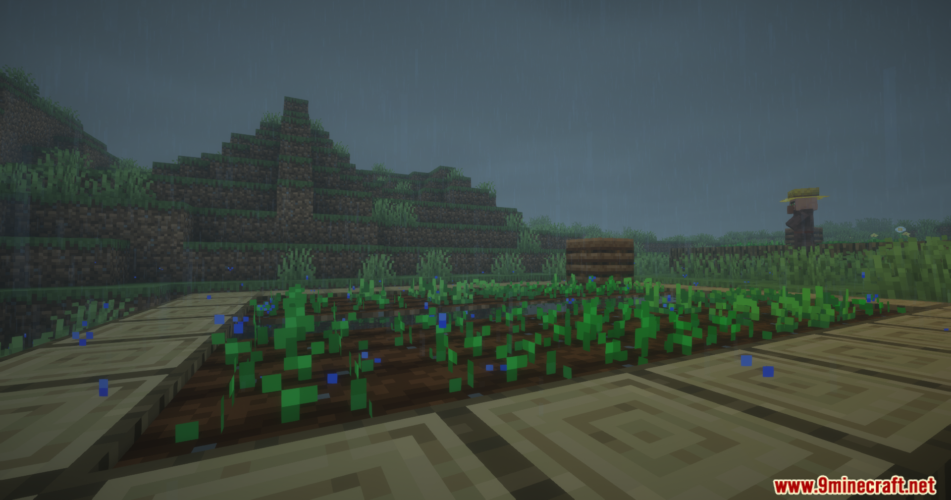 Cool Rain Reforged Mod Screenshot 7 Rain falling on planted crops in a village farm area during a storm