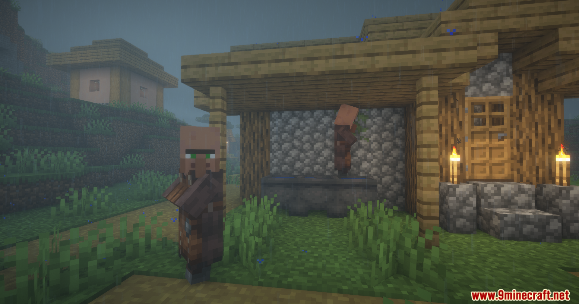 Cool Rain Reforged Mod Screenshot 9 A Minecraft villager stands outside a wooden house during a heavy rainstorm