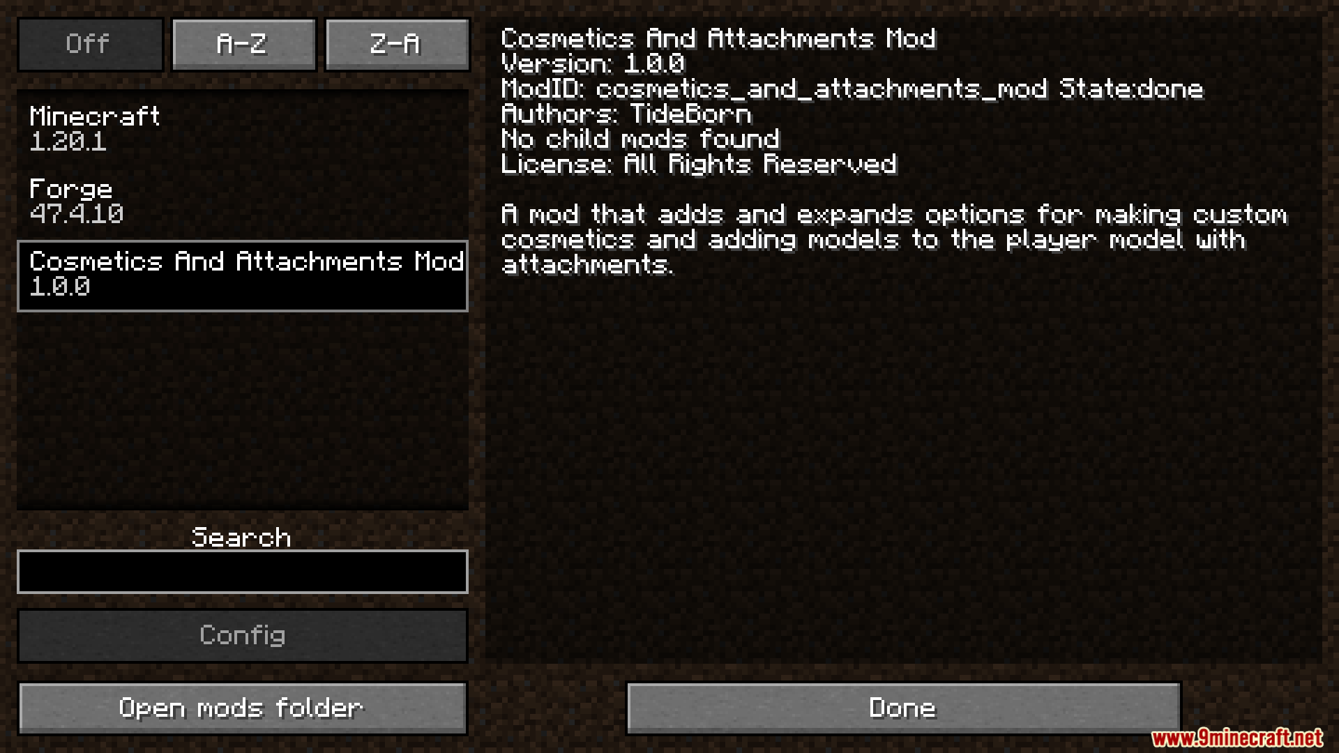 Cosmetics And Attachments Mod information in the mods menu
