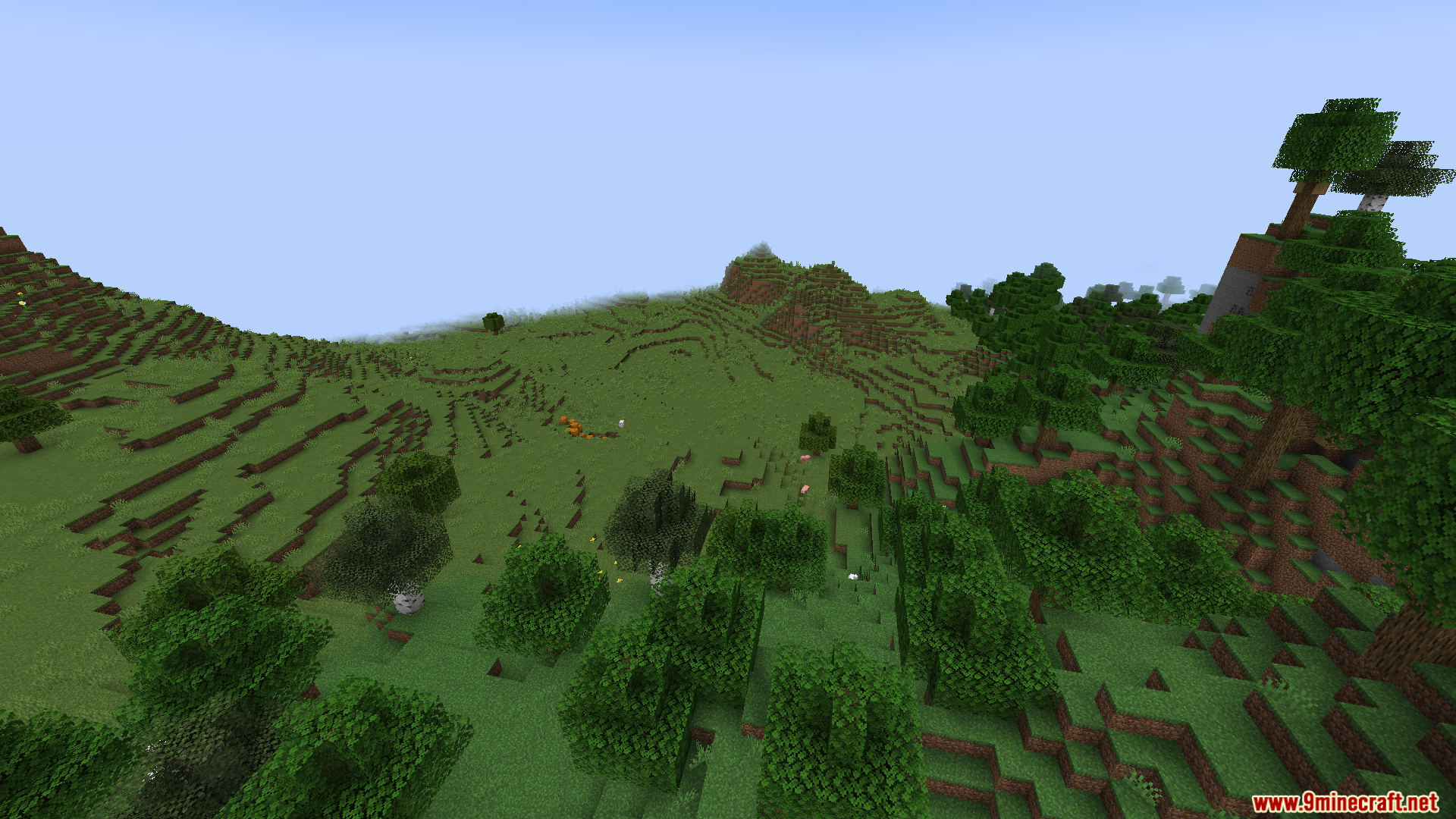 A vast, hilly landscape with forests and clear skies