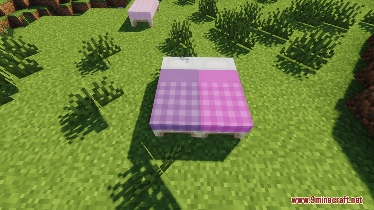 Cozy Nook Beds Resource Pack Screenshot 1 Two plaid beds placed side by side on grass