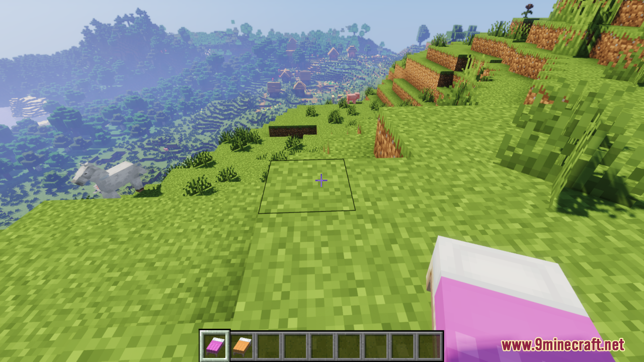 Cozy Nook Beds Resource Pack Screenshot 10 Player holding a pink bed overlooking a village
