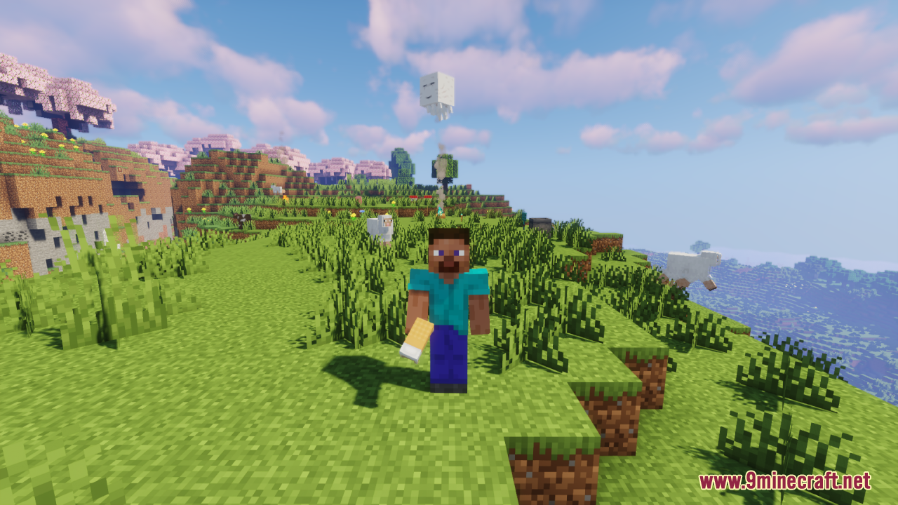 Cozy Nook Beds Resource Pack Screenshot 12 Player holding a yellow blanket bed item standing in a grassy field