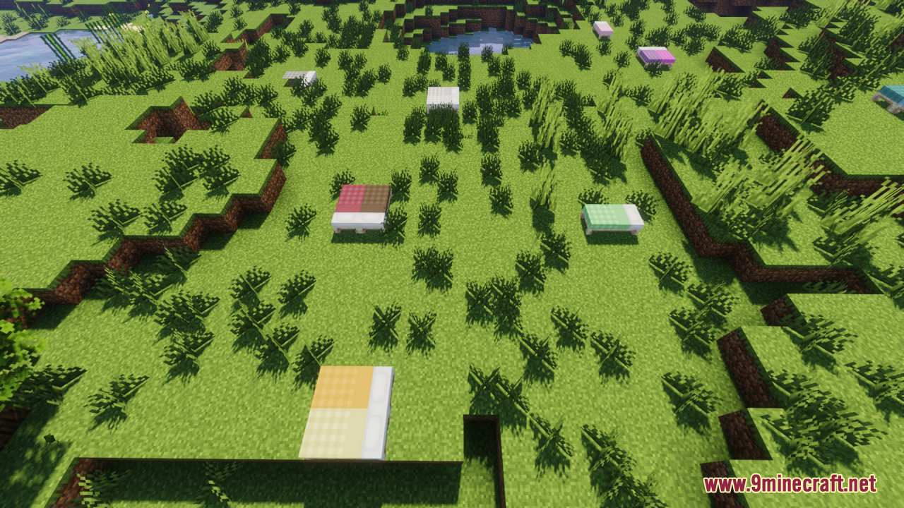 Cozy Nook Beds Resource Pack Screenshot 8 Several plaid patterned beds scattered across a grassy field