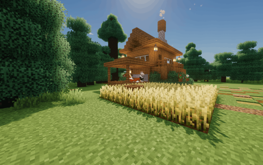 Cozy Spruce Log House Schematic Screenshots 1 Exterior view of the Cozy Spruce Log House Schematic with wheat field