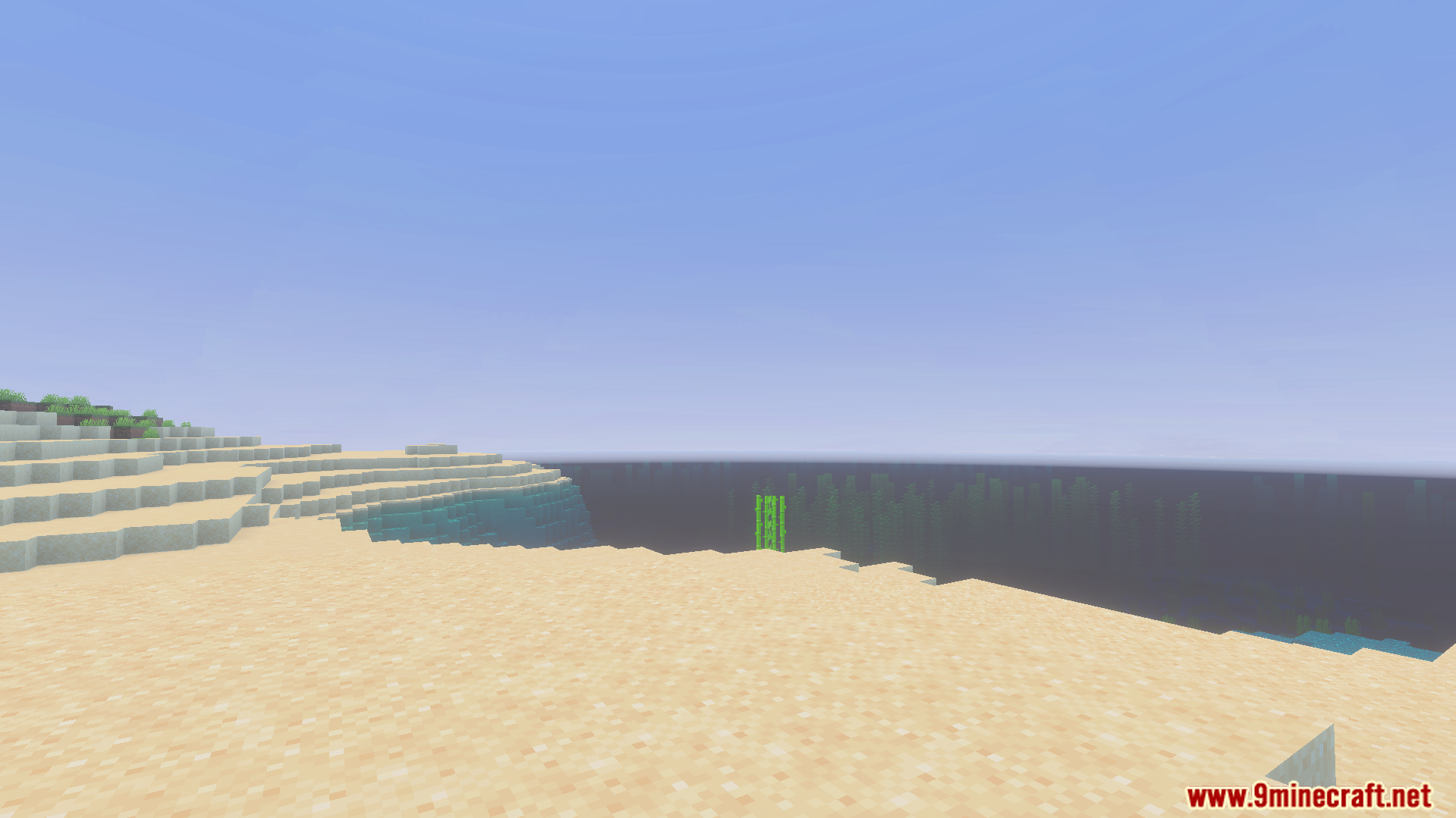 CraftStudios Better FPS Texture Pack Screenshot 3 Minecraft beach landscape with calm water and clear sky
