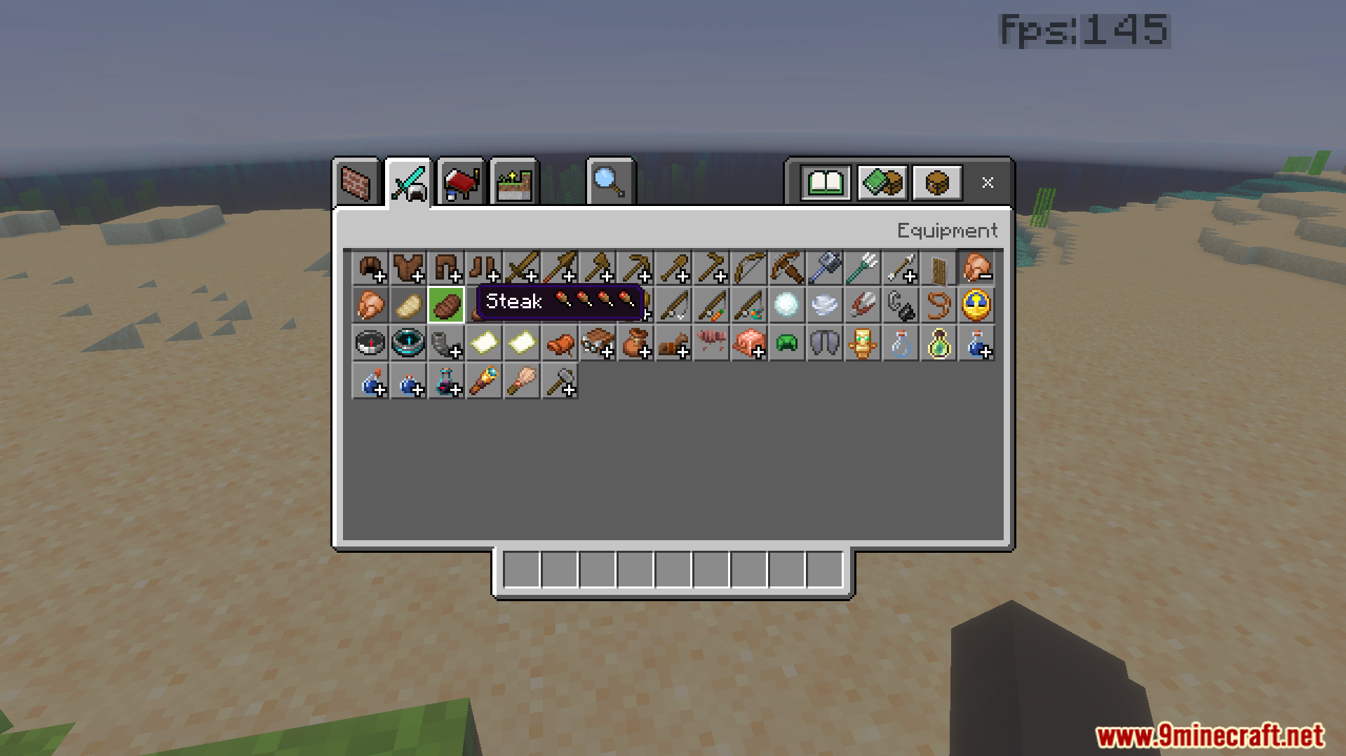 CraftStudios Better FPS Texture Pack Screenshot 5 Creative inventory showing steak item with hunger points displayed directly on its name
