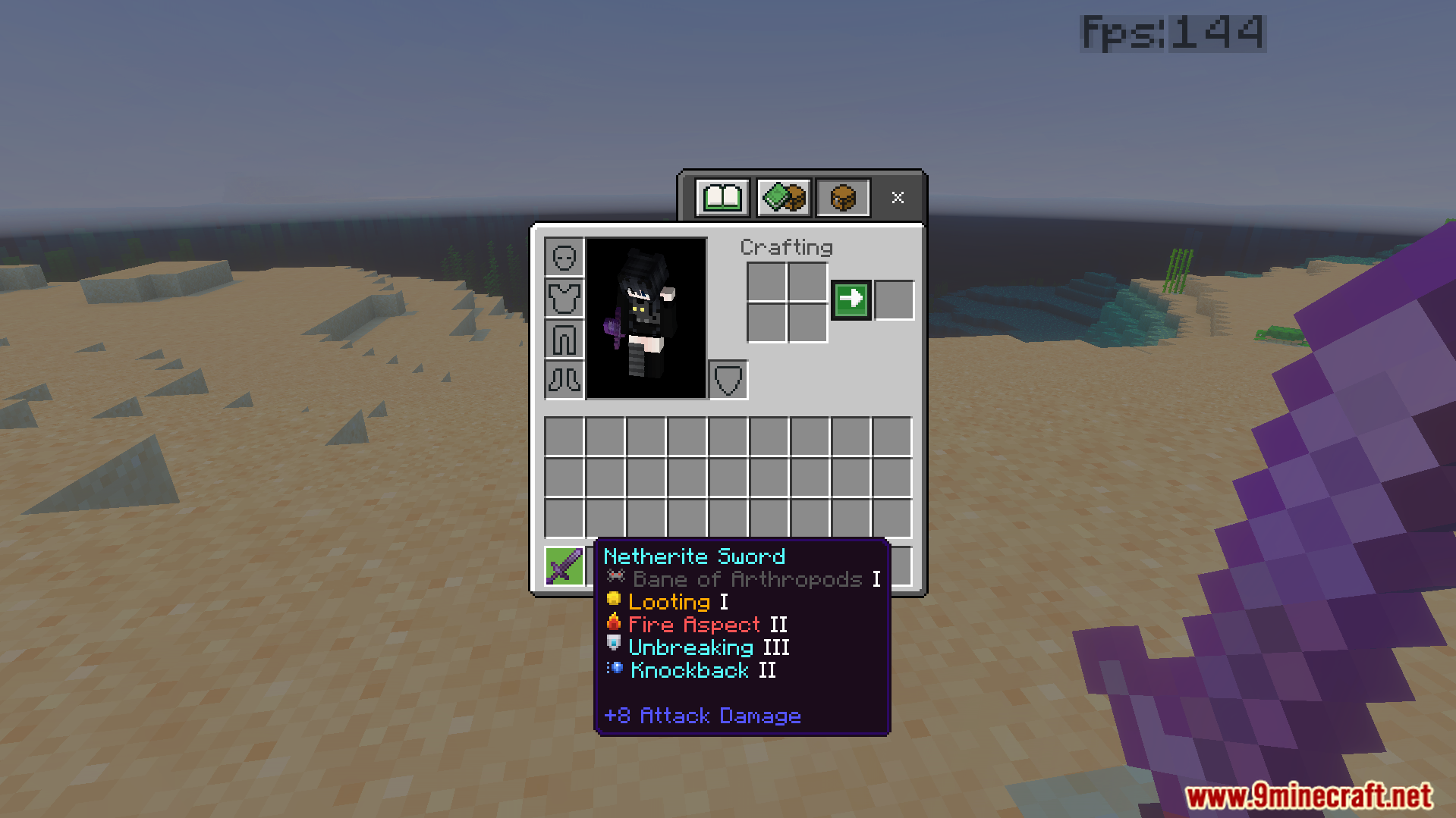 CraftStudios Better FPS Texture Pack Screenshot 6 Netherite sword tooltip showing colored pixel art icons added next to various enchantments