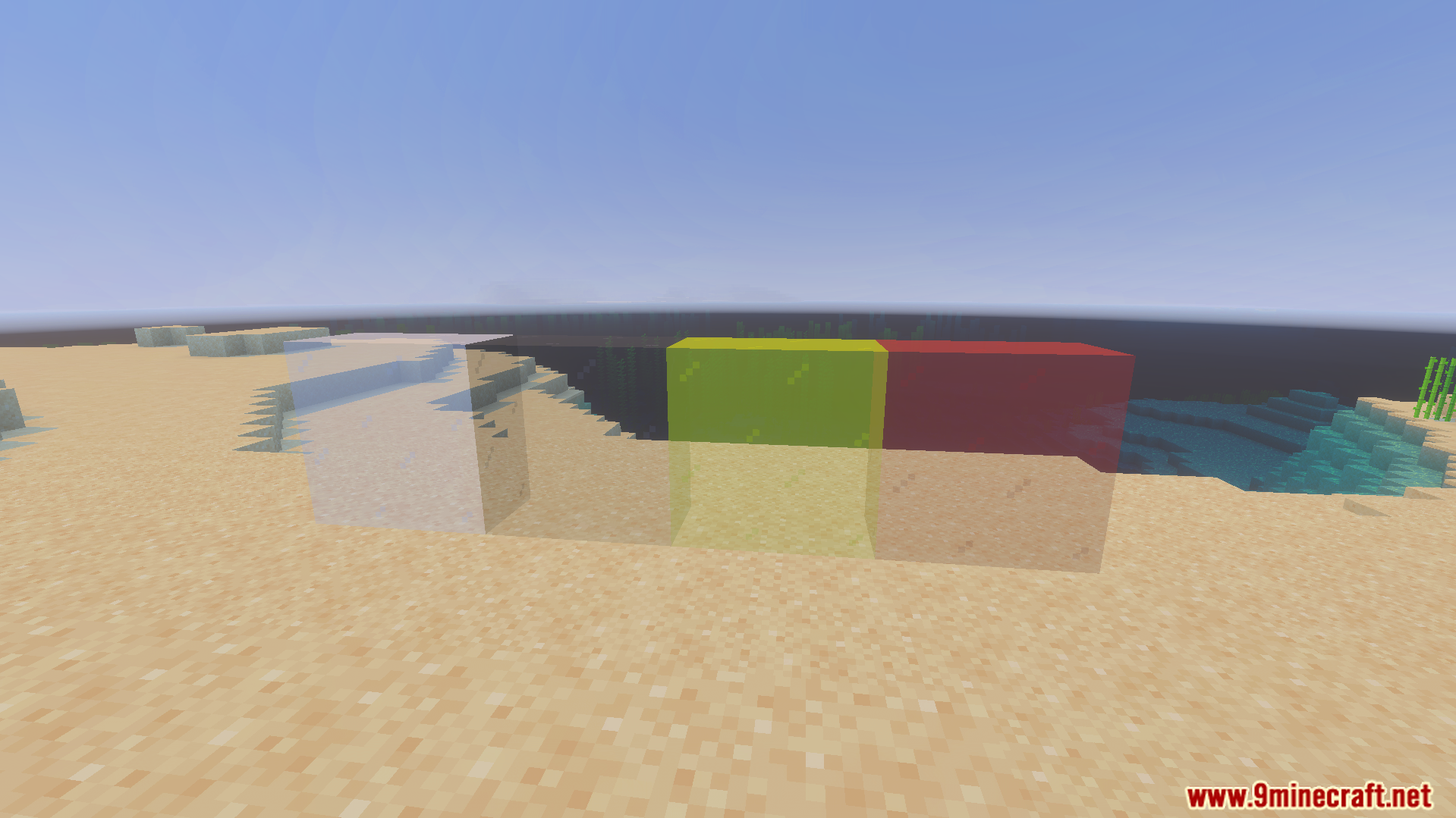 CraftStudios Better FPS Texture Pack Screenshot 8 Three colored glass blocks on sand with their borders removed for cleaner look