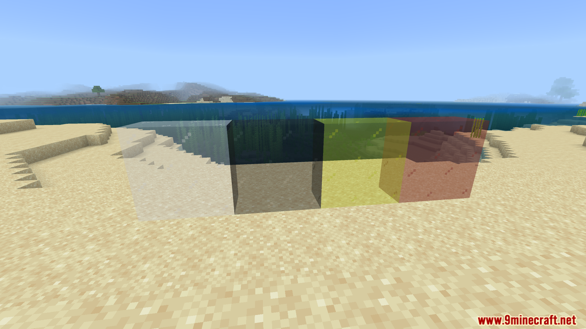 CraftStudios Better FPS Texture Pack Screenshot 9 cleaned up colored glass blocks with removed borders placed on the sand