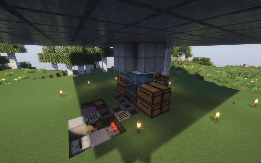 Storage system with chests and hoppers beneath a compact redstone farm structure