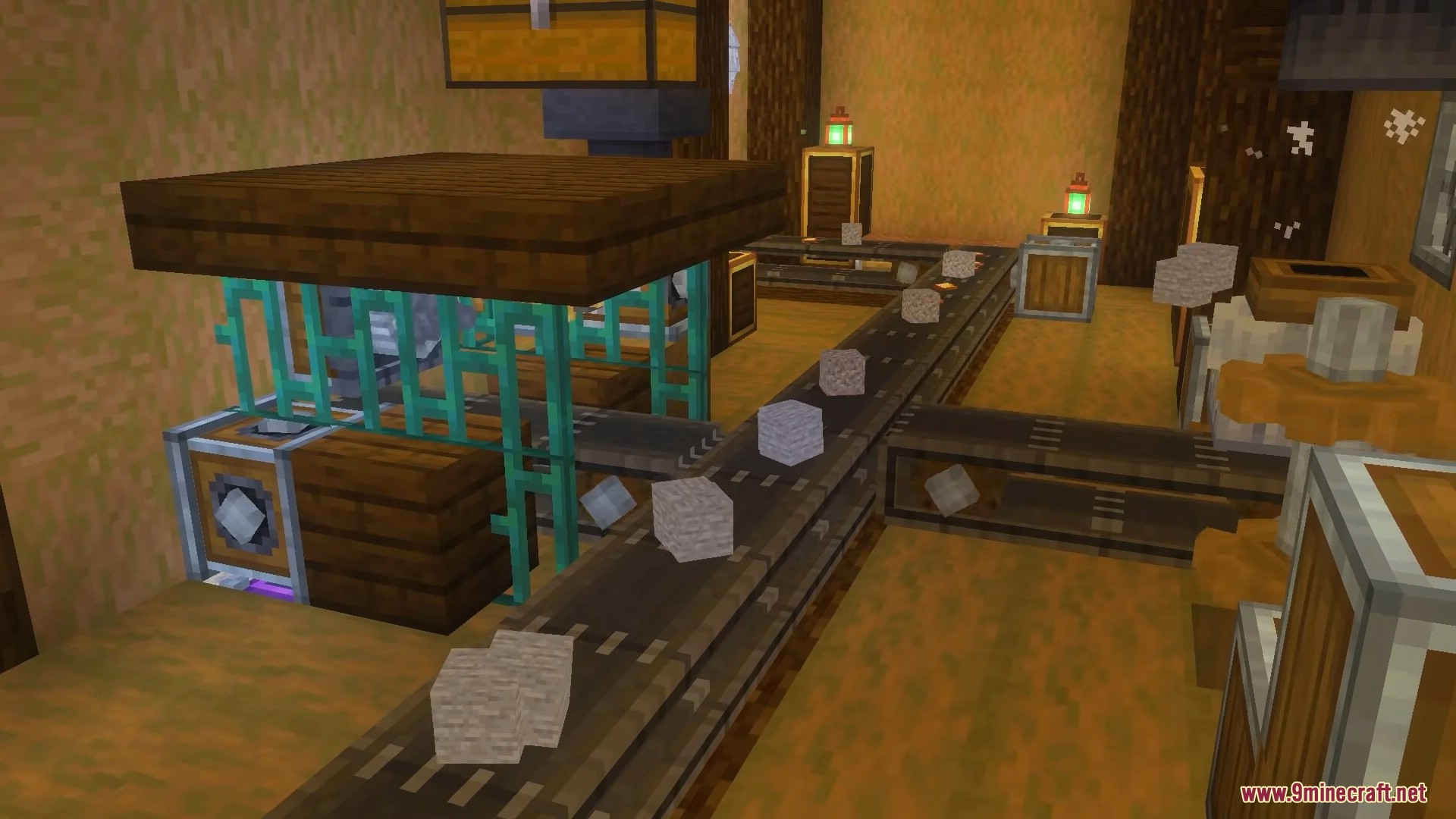 Conveyor belts moving cobblestone blocks through an automated processing machine setup