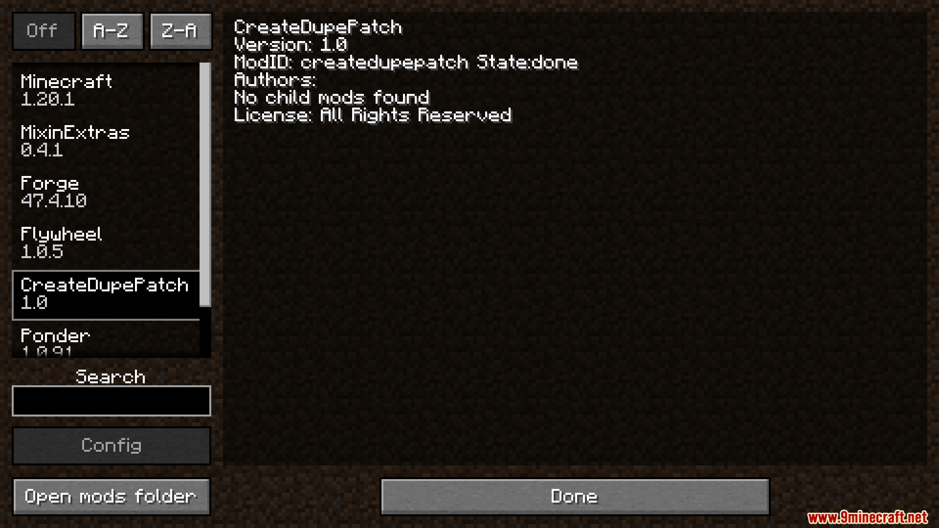 Minecraft mods list showing the CreateDupePatch mod