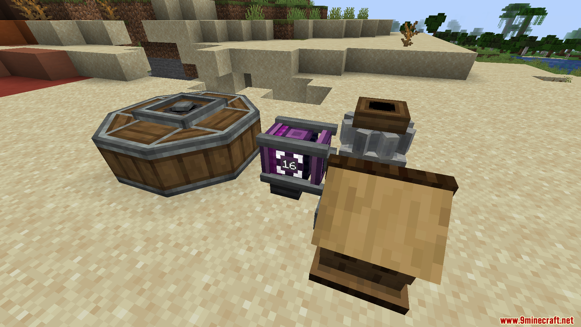 Schematicannon and other machines on a sandy beach