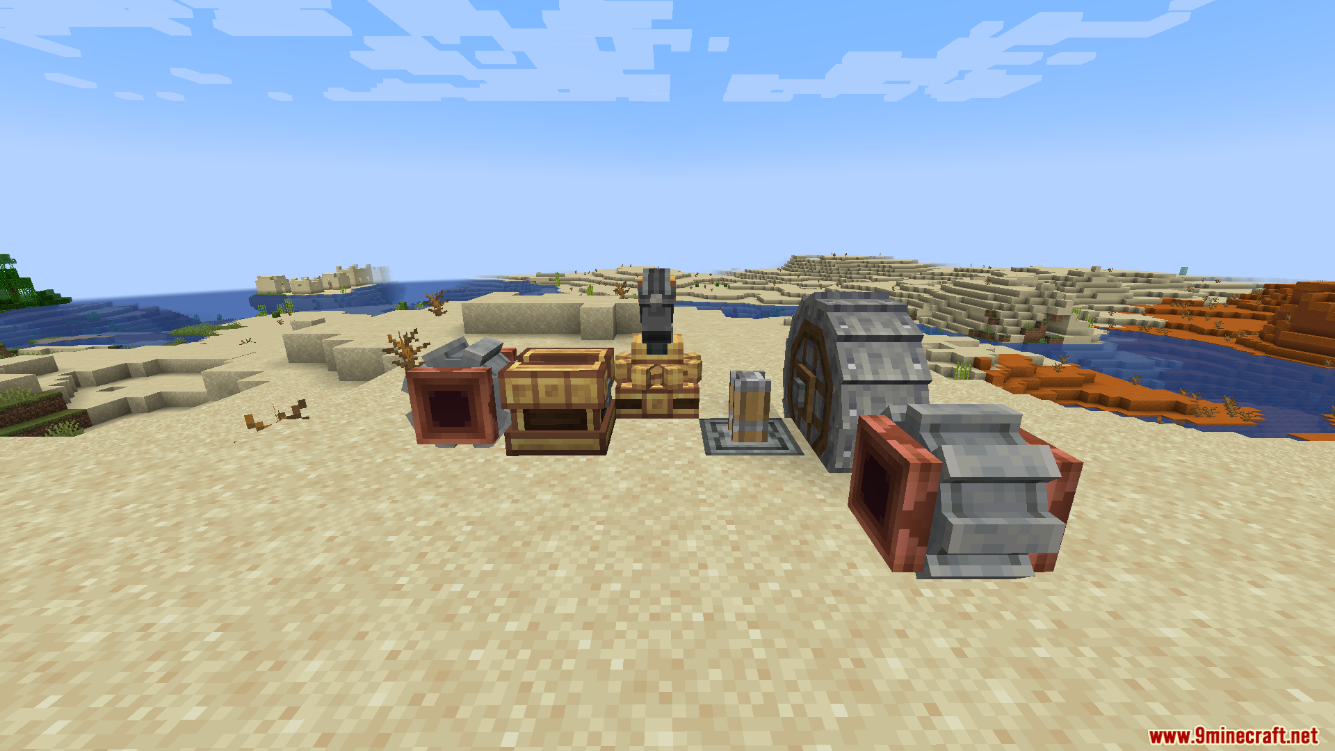 Water wheel and other mechanical blocks on a beach