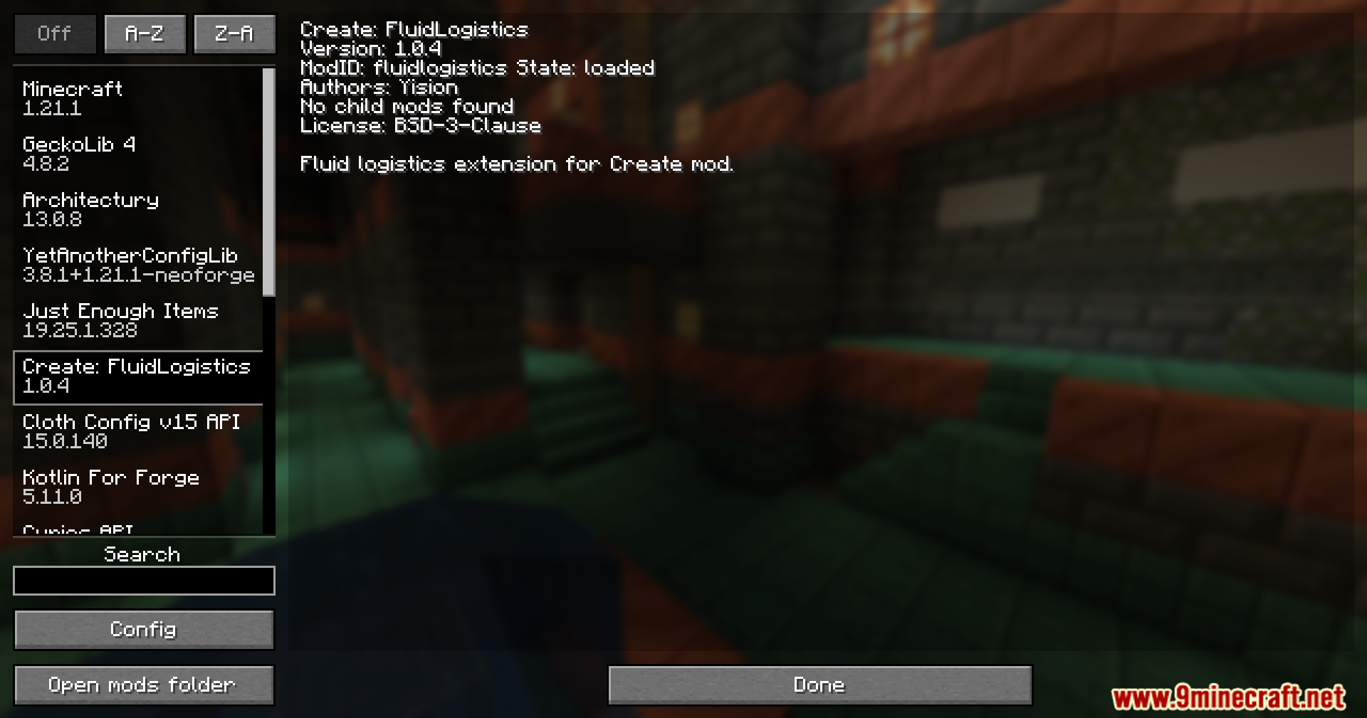 Create Fluidlogistic Mod Screenshot 1 A player views the mod list menu in Minecraft, showing installed modifications
