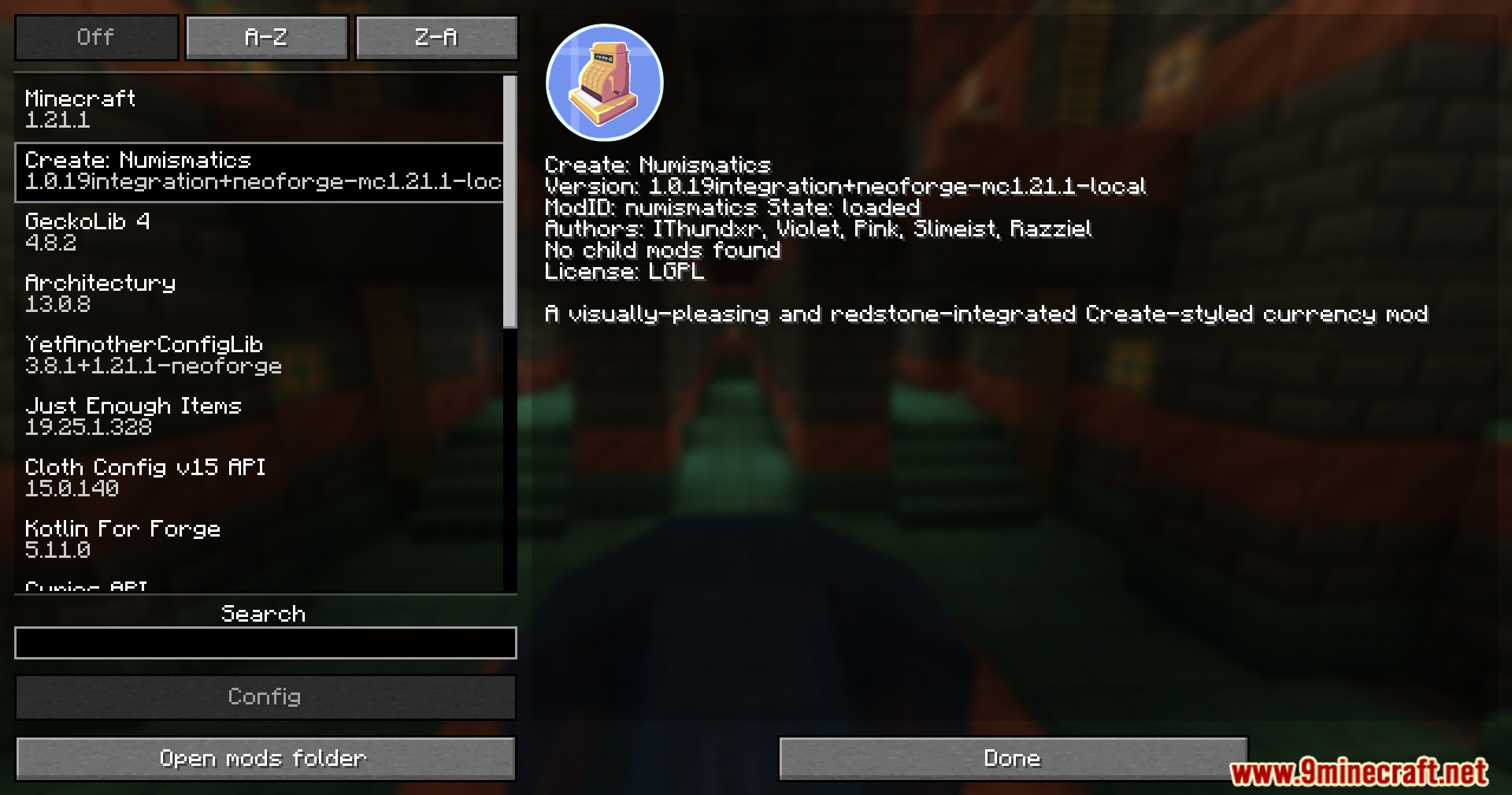 Create Numismatics mod details in the mods menu