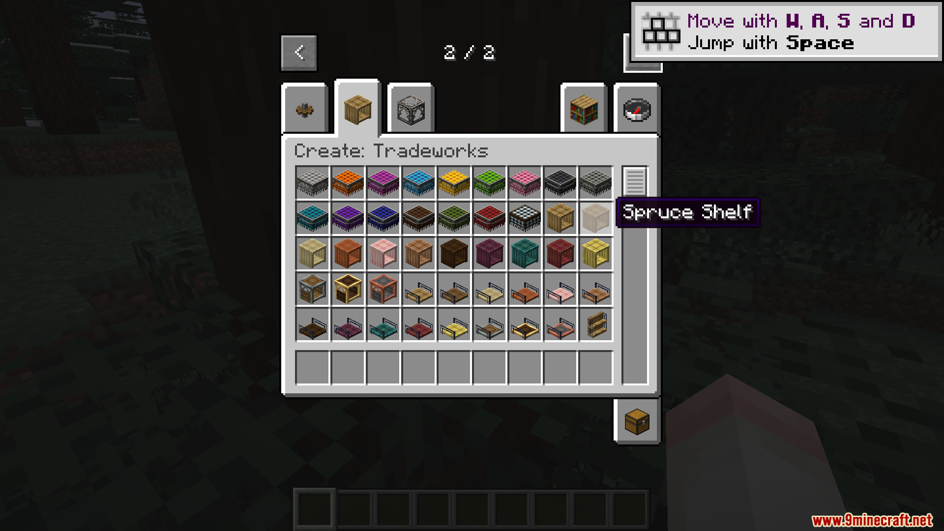 Create Tradeworks Mod Screenshot 1 Creative inventory menu showing colored shelves and table cloths from Create Tradeworks