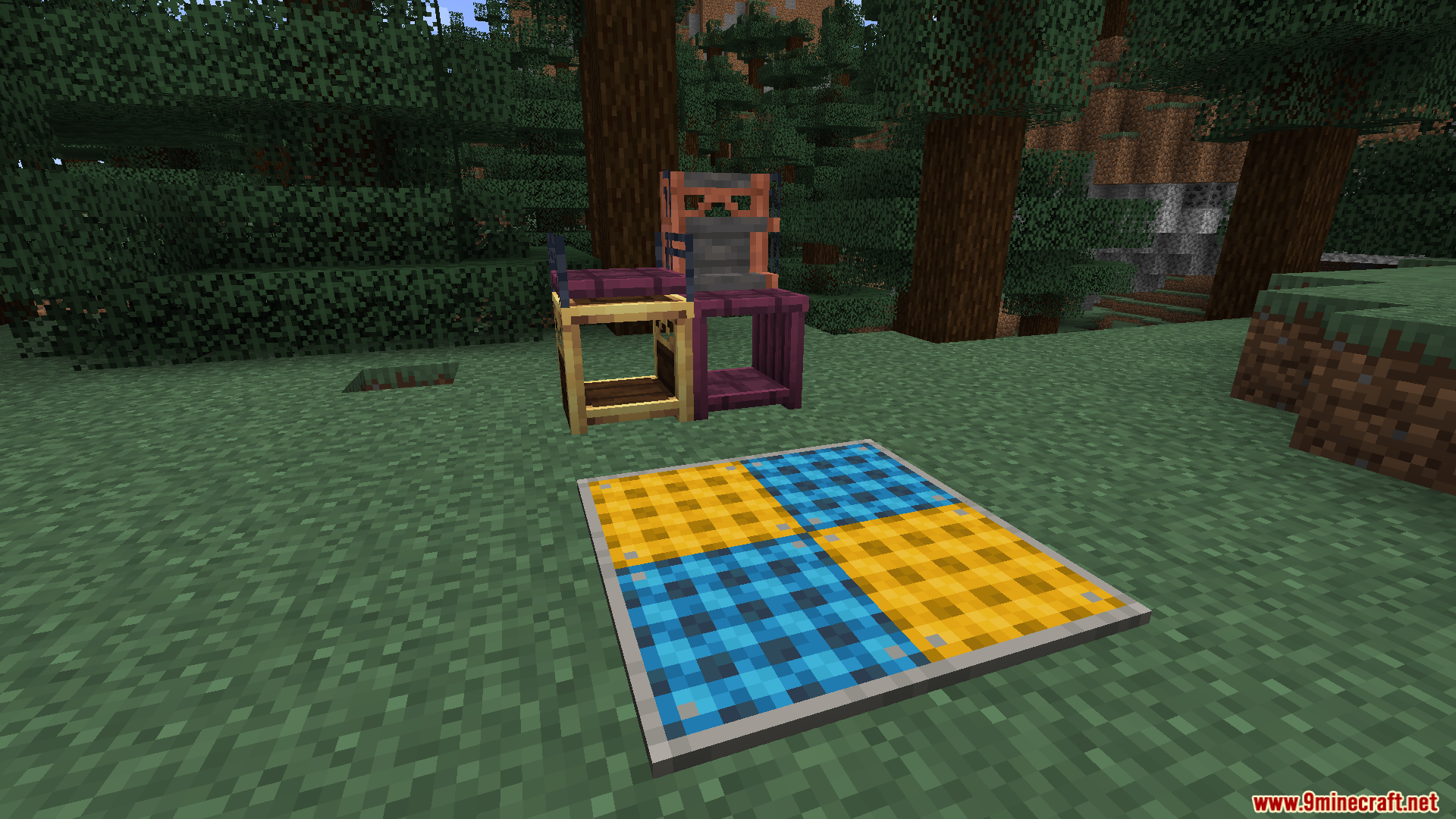 Create Tradeworks Mod Screenshot 2 Wooden shelves displaying items next to blue and yellow checkered table cloths