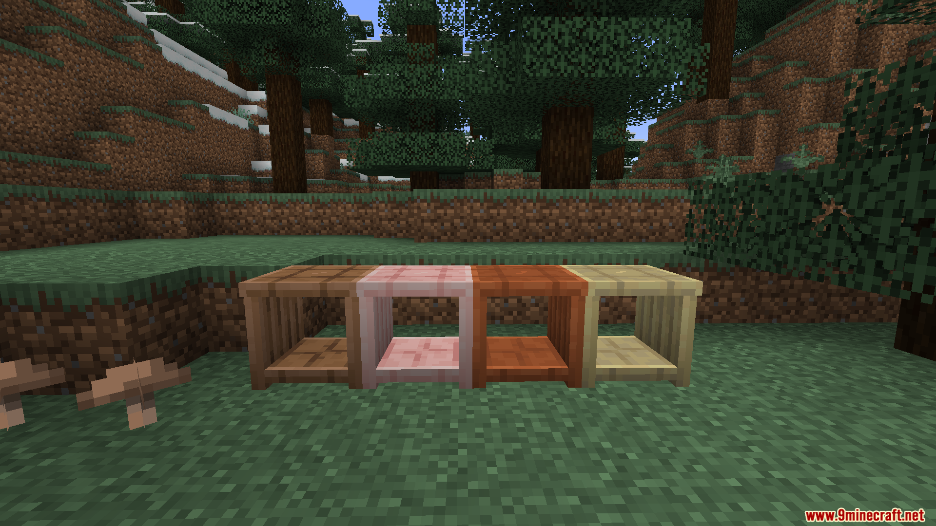 Create Tradeworks Mod Screenshot 3 Four empty wooden display shelves of different wood types placed on grass