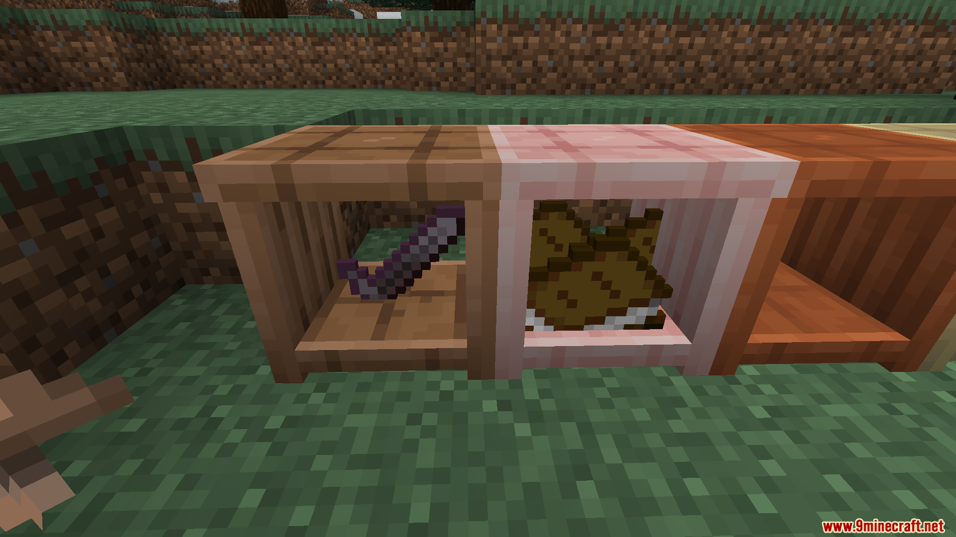 Create Tradeworks Mod Screenshot 4 Close up of wooden display shelves holding a purple item and a book