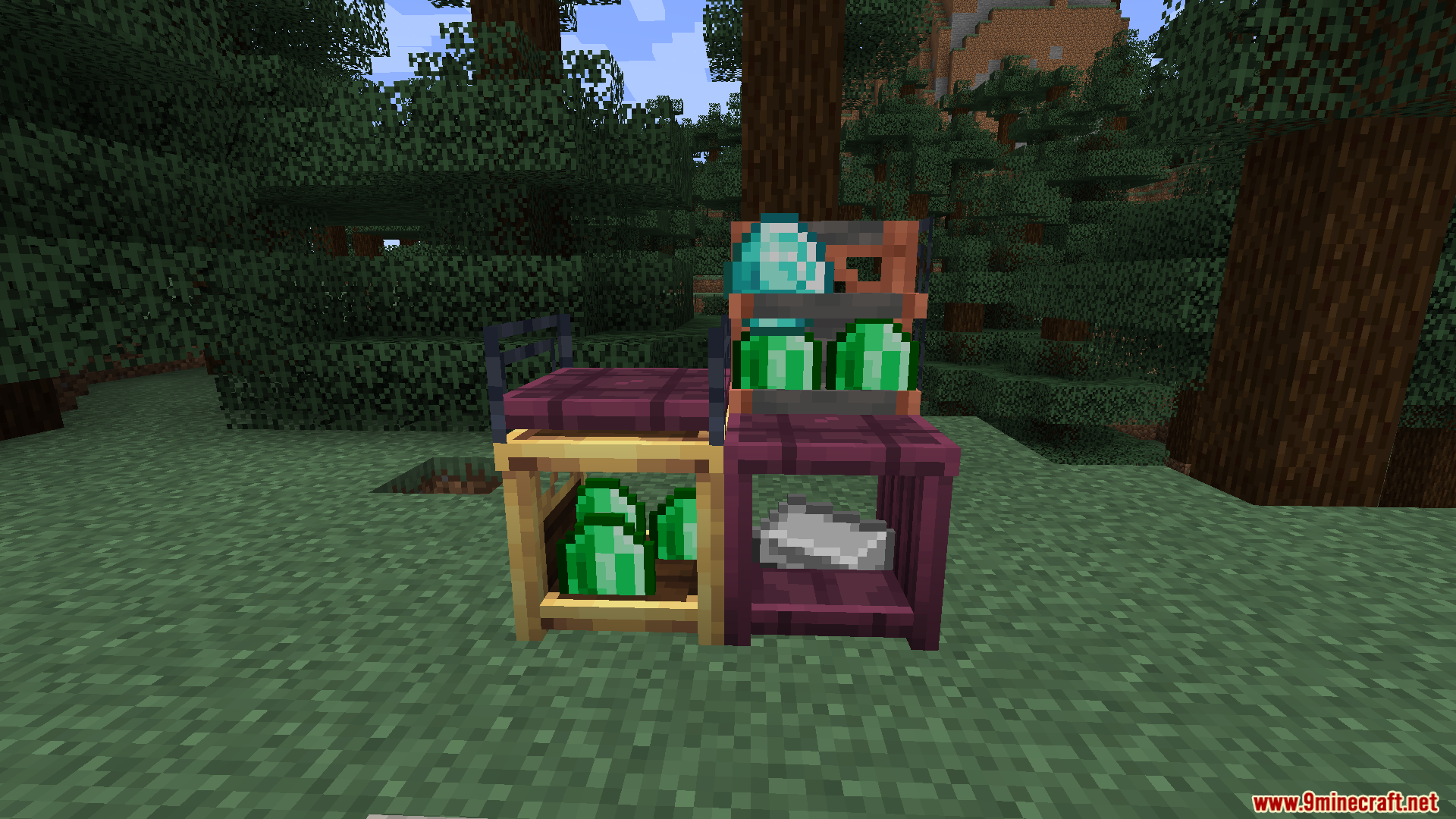 Create Tradeworks Mod Screenshot 5 Various wooden shelves displaying valuable items like emeralds and diamonds