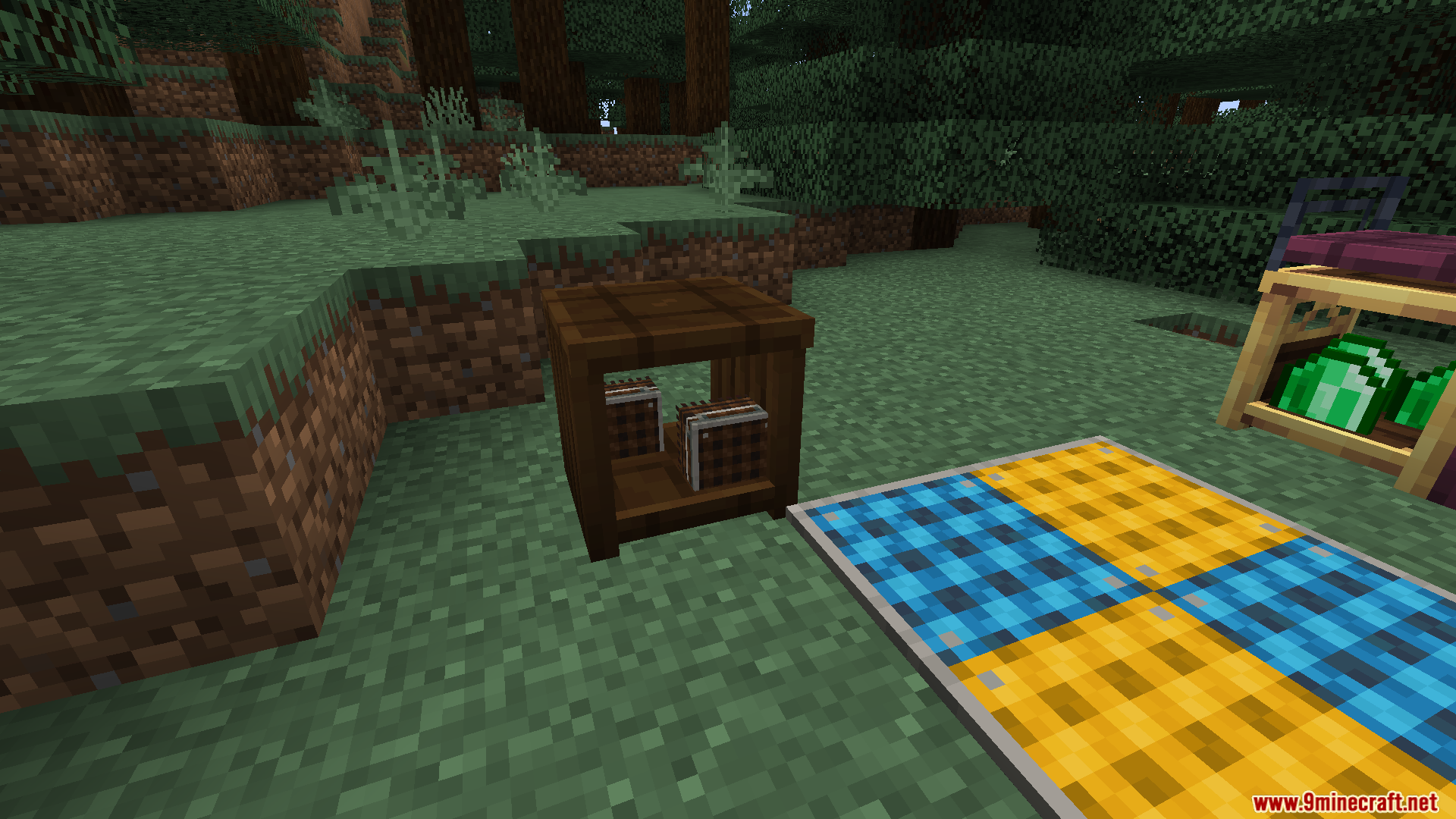 Create Tradeworks Mod Screenshot 6 Dark wooden shelf storing books next to a checkered table cloth