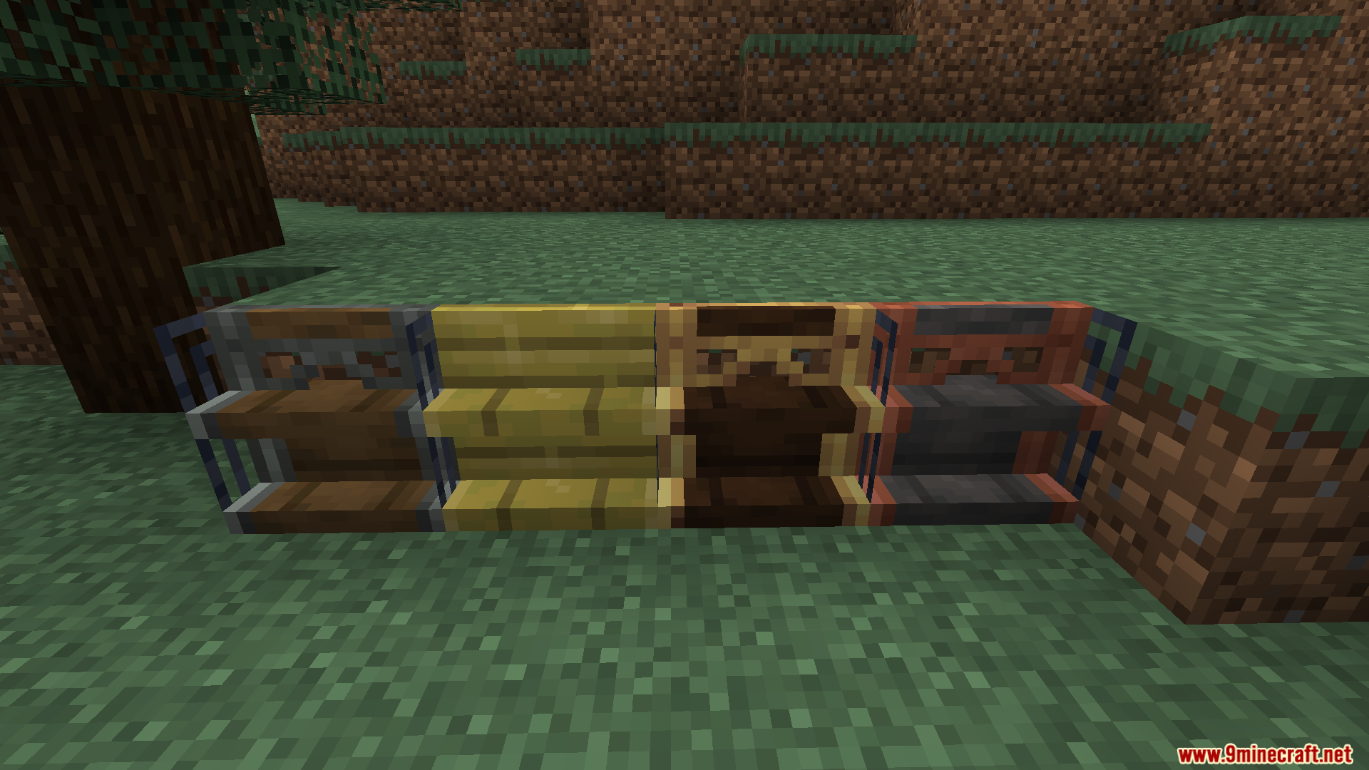 Create Tradeworks Mod Screenshot 7 Four different wooden shelves placed in a row on grass blocks