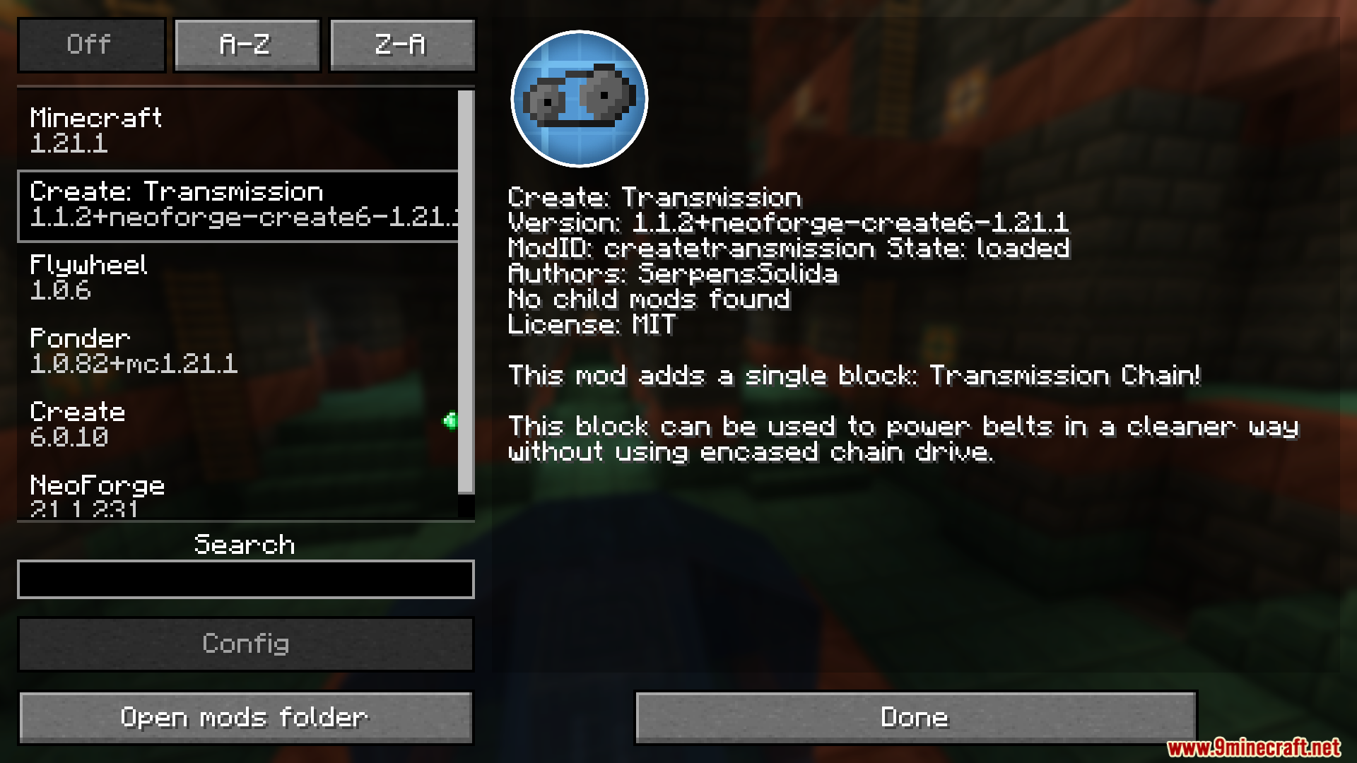 Create Transmission Mod Screenshot 1 Player viewing the mod list screen for the Create Transmission mod