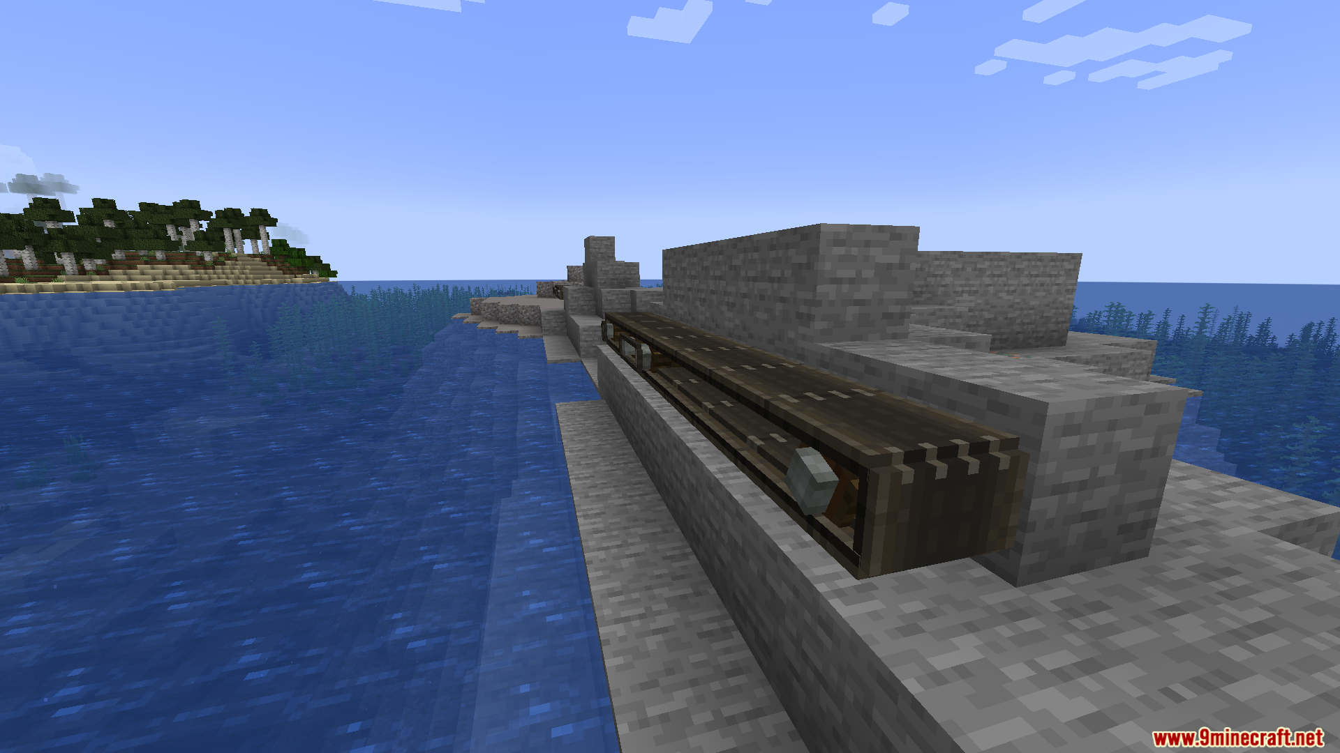 Create Transmission Mod Screenshot 7 Mechanical belt with a transmission chain on a stone platform near the ocean
