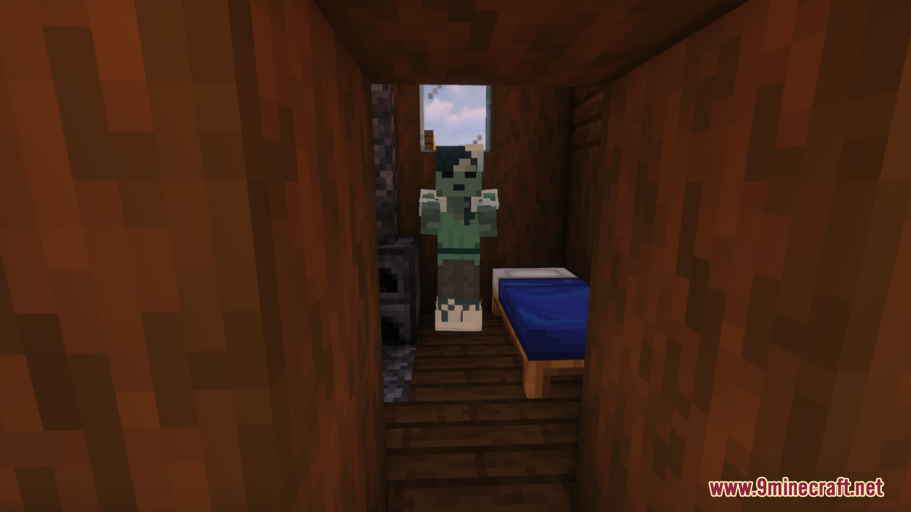 Creatures+ Animated Resource Pack Screenshot 11 A custom zombie variant standing inside a small wooden house with a bed