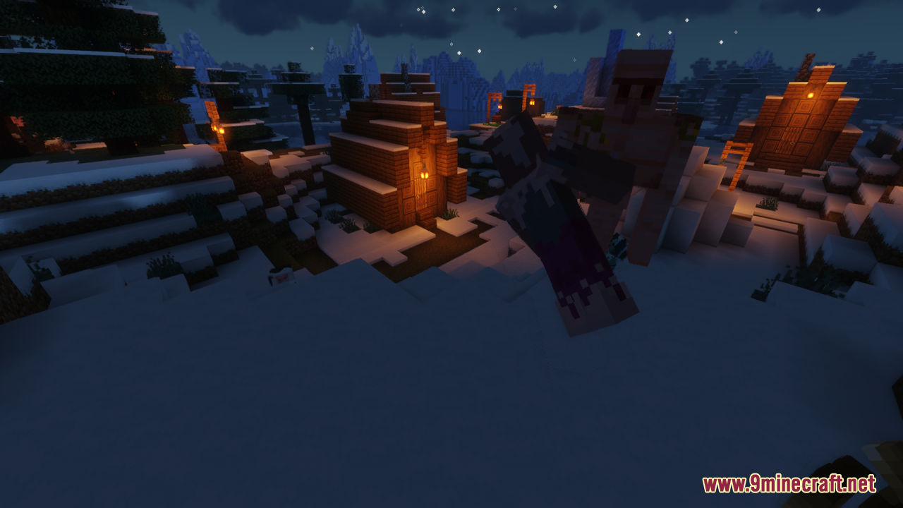 Creatures+ Animated Resource Pack Screenshot 2 Animated iron golem standing in a snowy village at night with lit houses