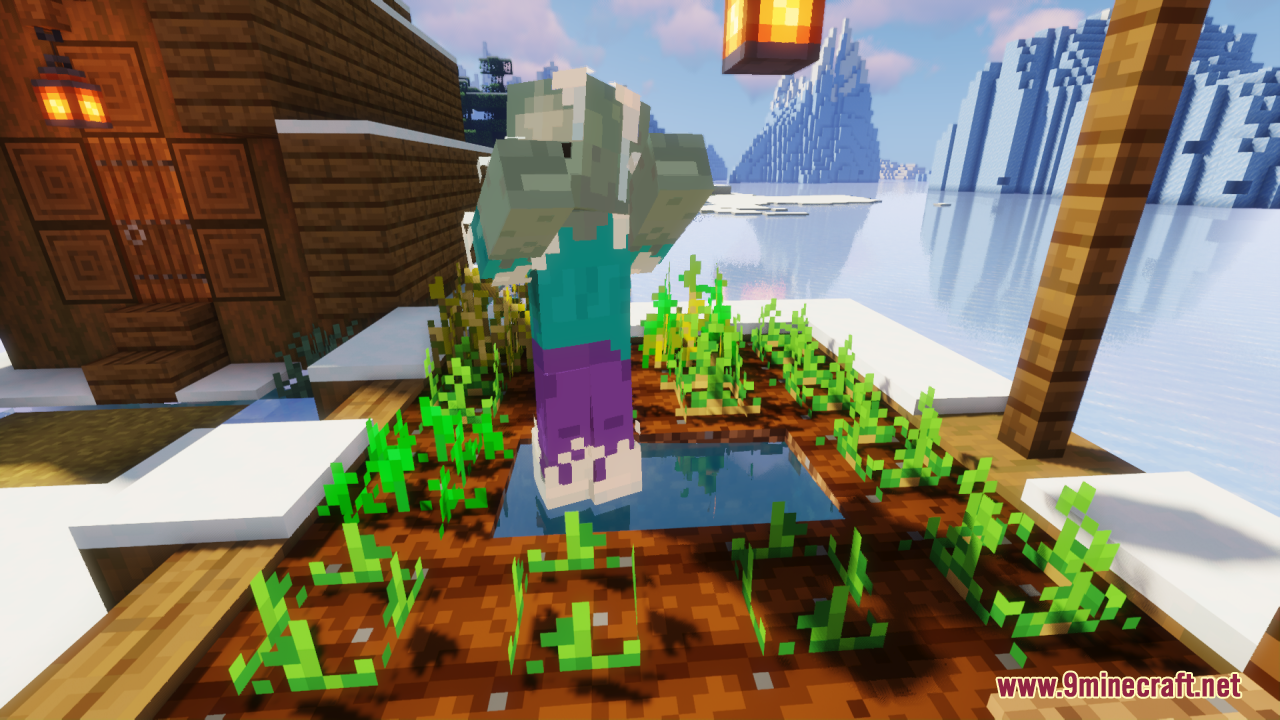 Creatures+ Animated Resource Pack Screenshot 3 A frozen zombie standing in a small farm plot with water and crops