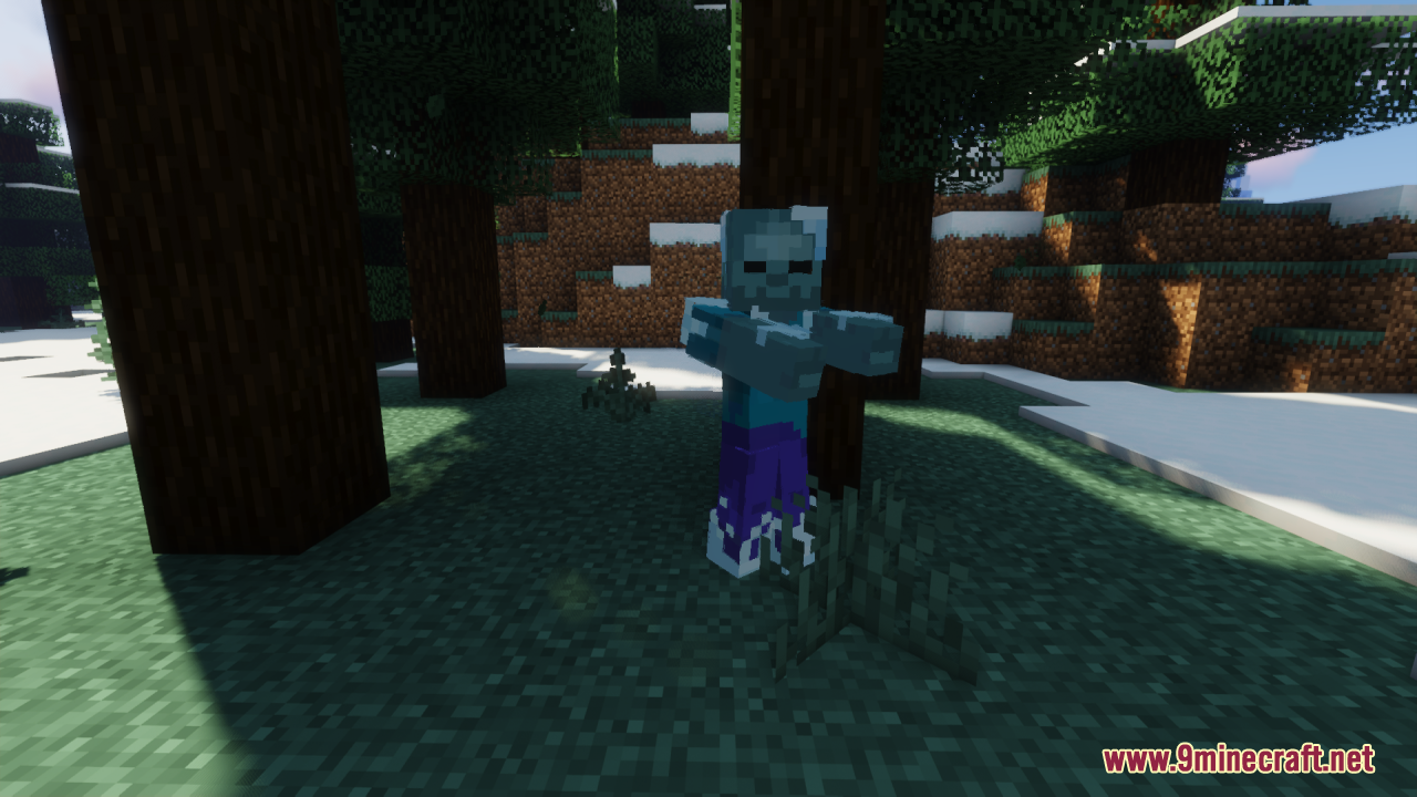 Creatures+ Animated Resource Pack Screenshot 5 Frozen zombie mob standing in a snowy forest with lifelike movement animations