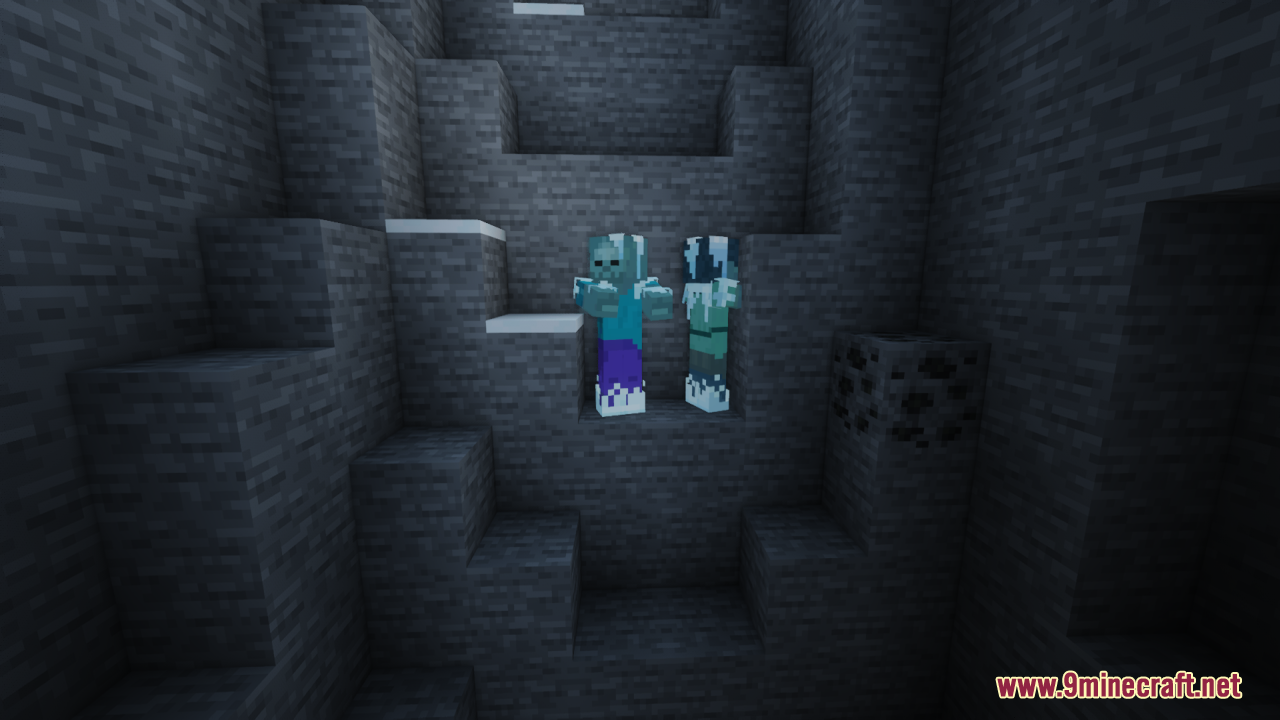 Creatures+ Animated Resource Pack Screenshot 6 Two frozen zombie mobs standing together inside a dark stone cave environment