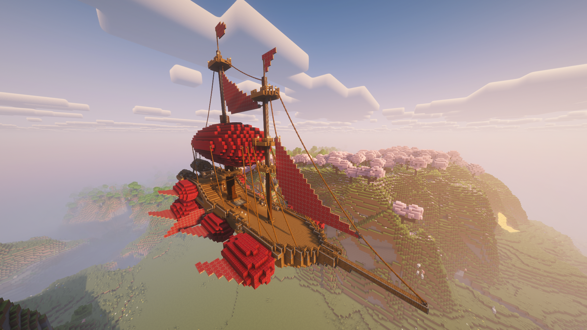 Crimson Twilight the Ultimate Flying Survival Ship Schematic Screenshots 1 A large red airship with multiple sails flying over cherry blossom trees