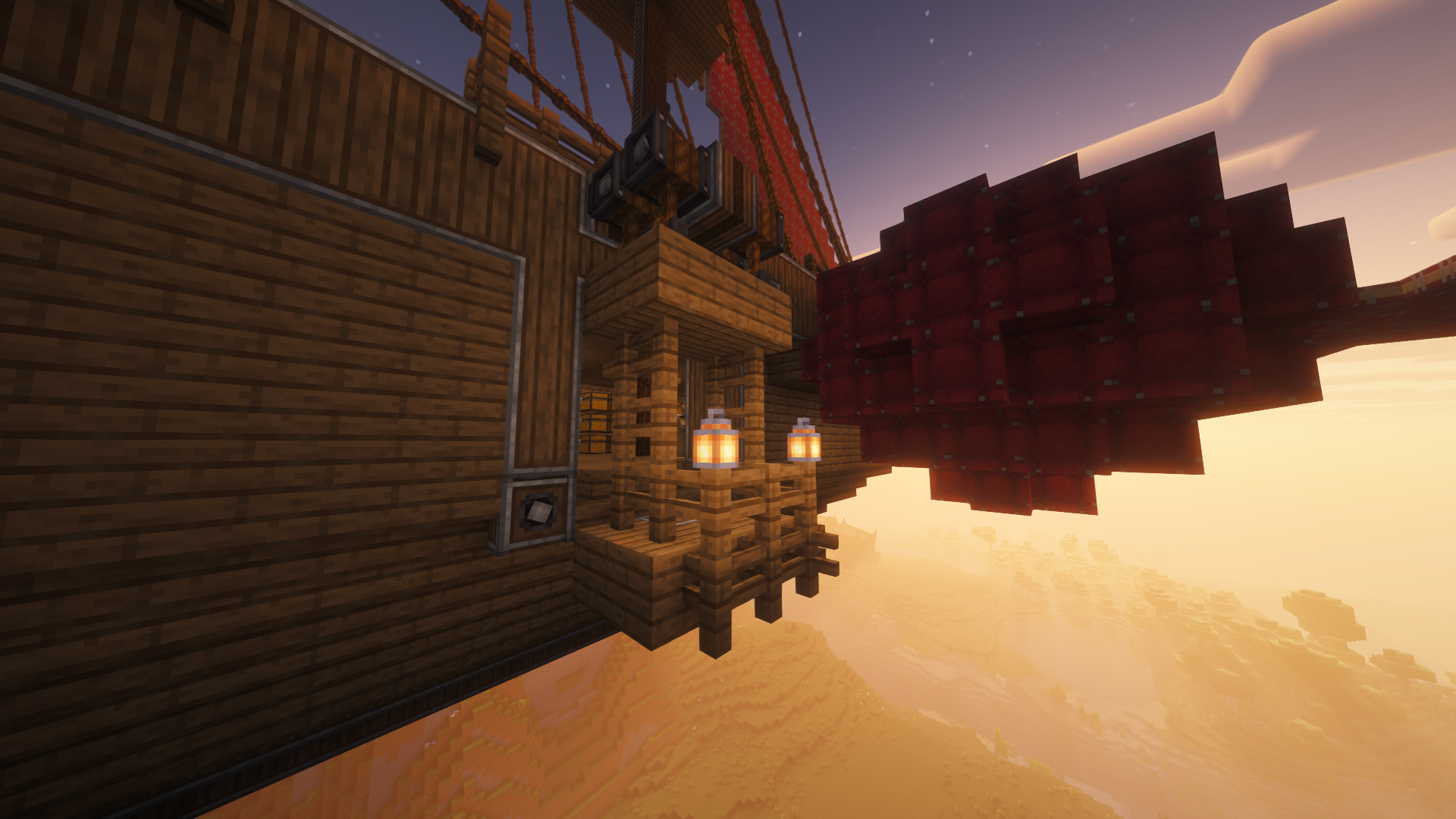Crimson Twilight the Ultimate Flying Survival Ship Schematic Screenshots 2 A wooden elevator platform with glowing lanterns on the side of the ship